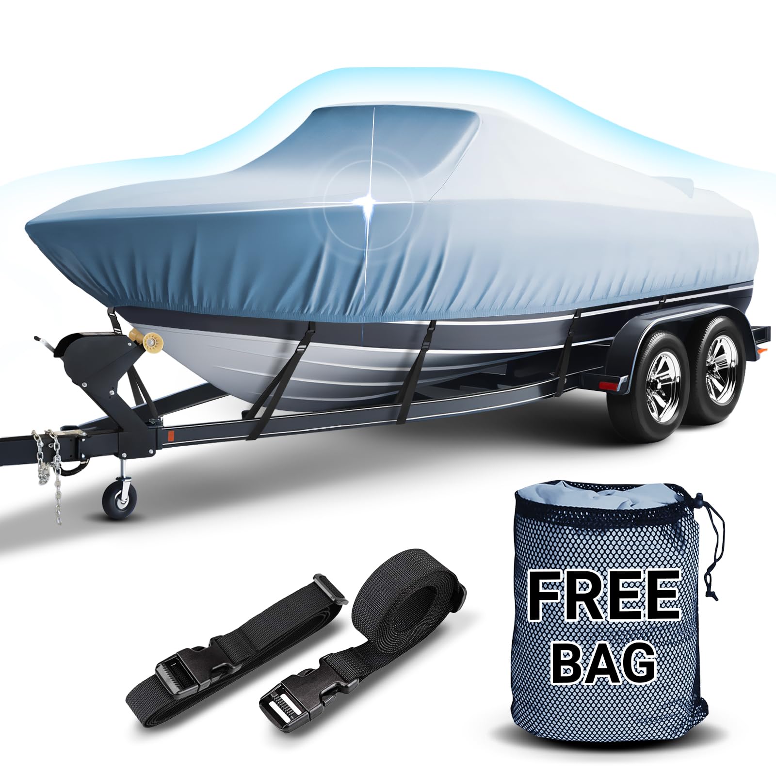 CoverlandHeavy Duty 600D Oxford Waterproof Walk Around Boat Cover, Universal Fit, Tri-Hull, Fishing, Ski, Bass Boats, Trailerable Runabout, UV Weatherproof, Windproof with Strap (Fits 26'-28', 144")