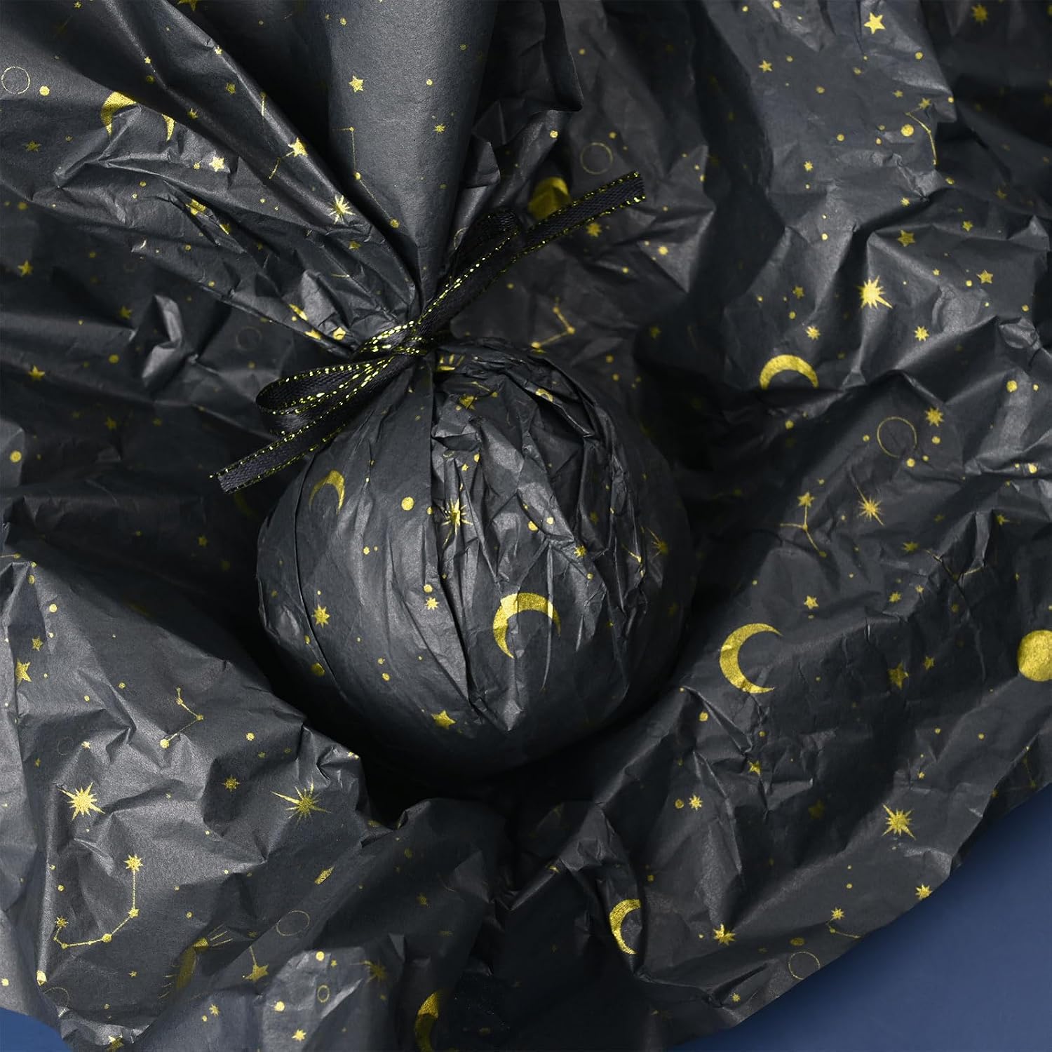 Bolsome 100 Sheets 20 * 14 Inches Galaxy Tissue Paper for Gift Wrapping, Black Gold Moon Star Printed Tissue Paper for Gift Bags for Birthday Christmas Baby Shower DIY Craft