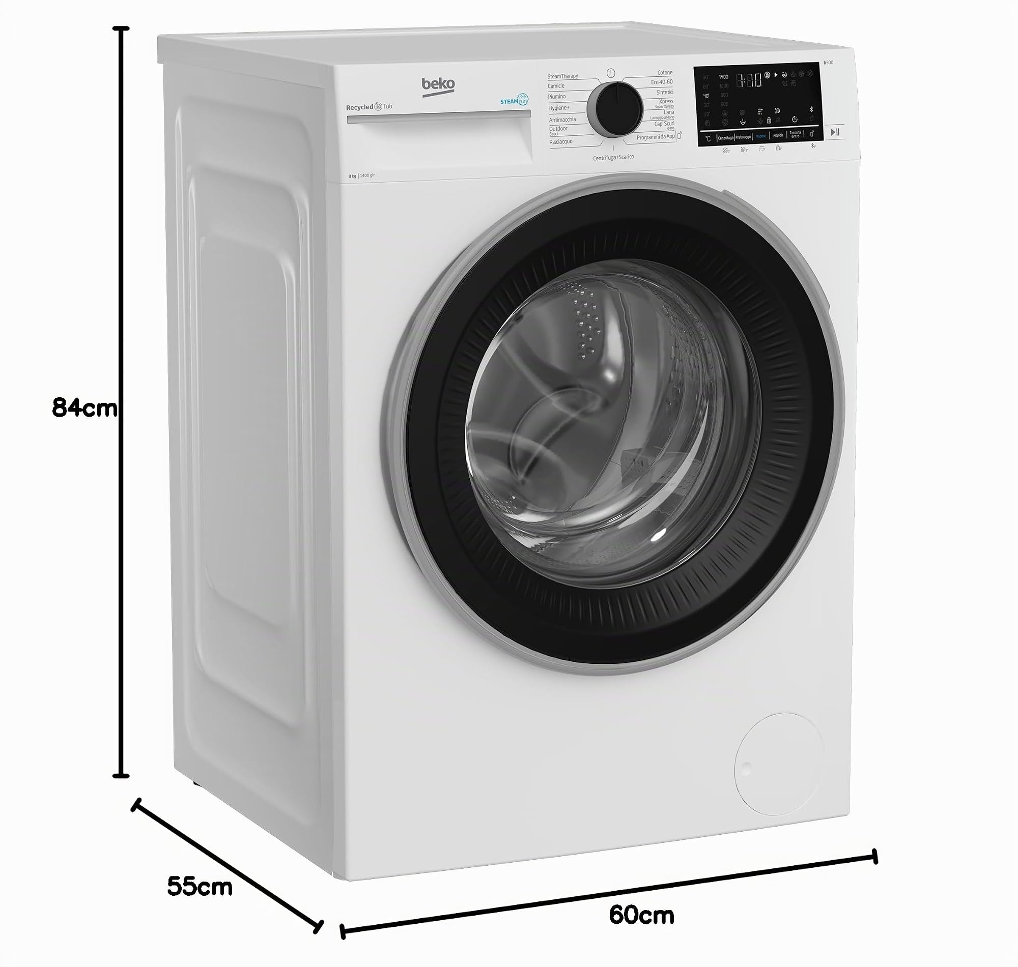 Beko - BWGU384S - Lavatrice 8kg, Classe A, 1400giri, Inverter, Vapore SteamCure, Cassetto detersivo autopulente, Bluetooth, Dimensioni AxLxP: 84x60x55cm. Profondità solo mobile:50cm