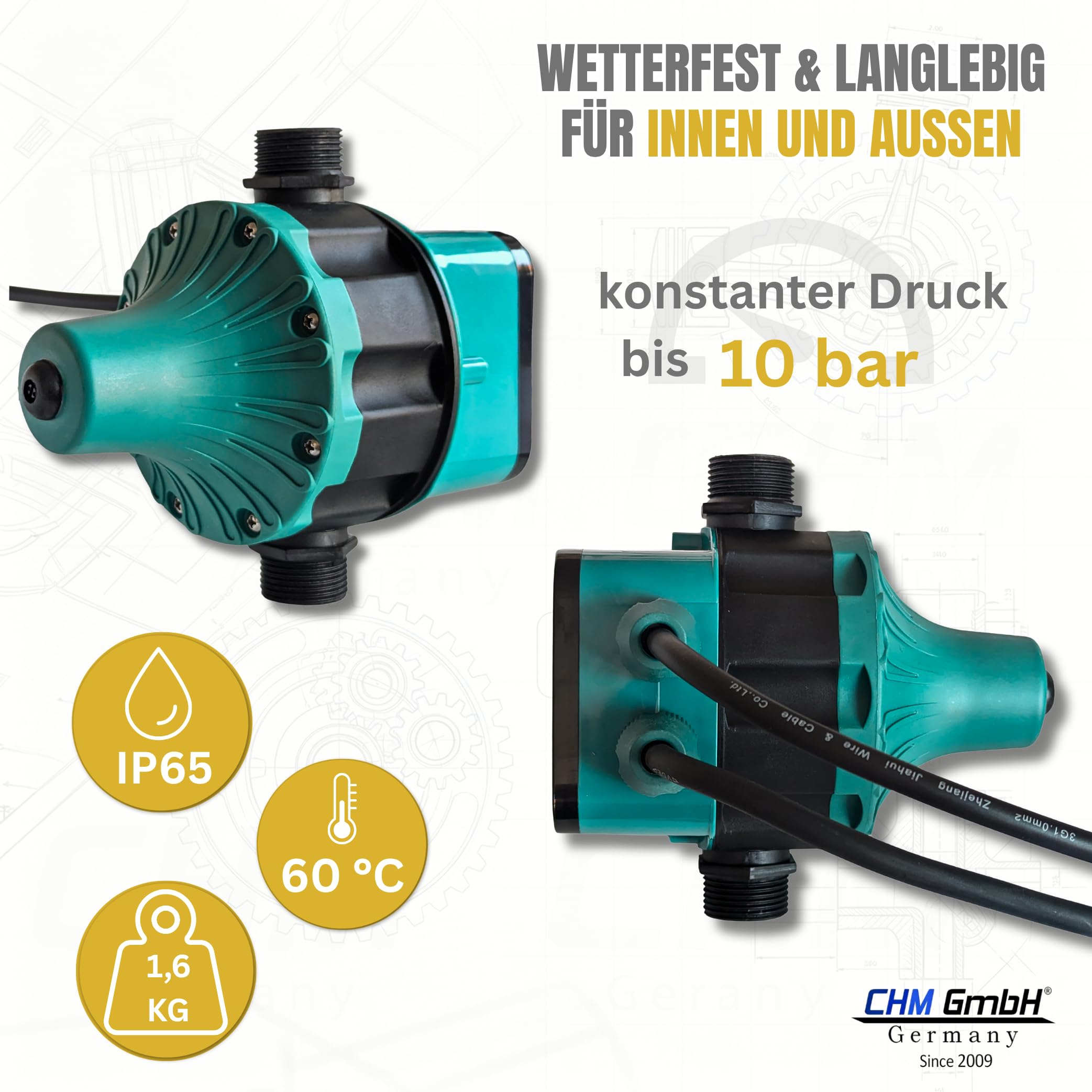 Pumpensteuerung Druckschalter CH 18 (EIN- und Abschaltdruck einstellbar) mit Trockenlaufschutz für Pumpen bis 2,2 Kw