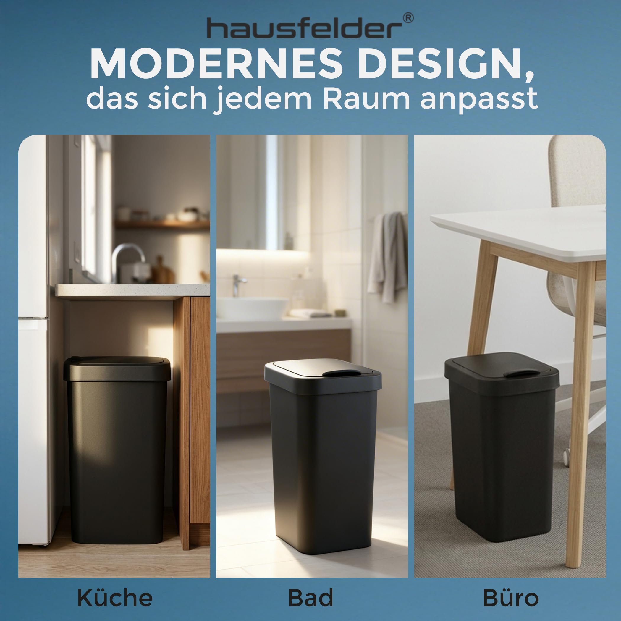 Hausfelder Mülleimer, 3er Set, 3x25, Schwarz | 3er Set, 3x25, für Küche, mit Deckel, Mülleimer, schwarz, Abfalleimer