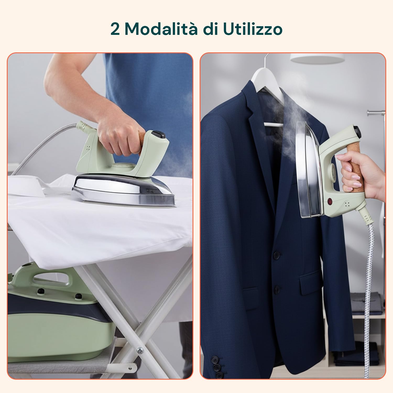 Avilia – Ferro da Stiro a Vapore con Caldaia 3.5 Bar 850 ml con Impugnatura in Sughero, Vapore Continuo e Verticale, Piastra Inox per Stiratura Professionale e Tessuti Delicati (Verde)
