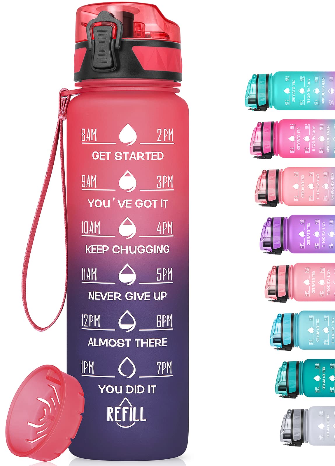 Motivational Water Bottle with Time Marker, 32 oz (950 ml), BPA-Free Plastic, Easy Drink Straw, Fits Cup Holder