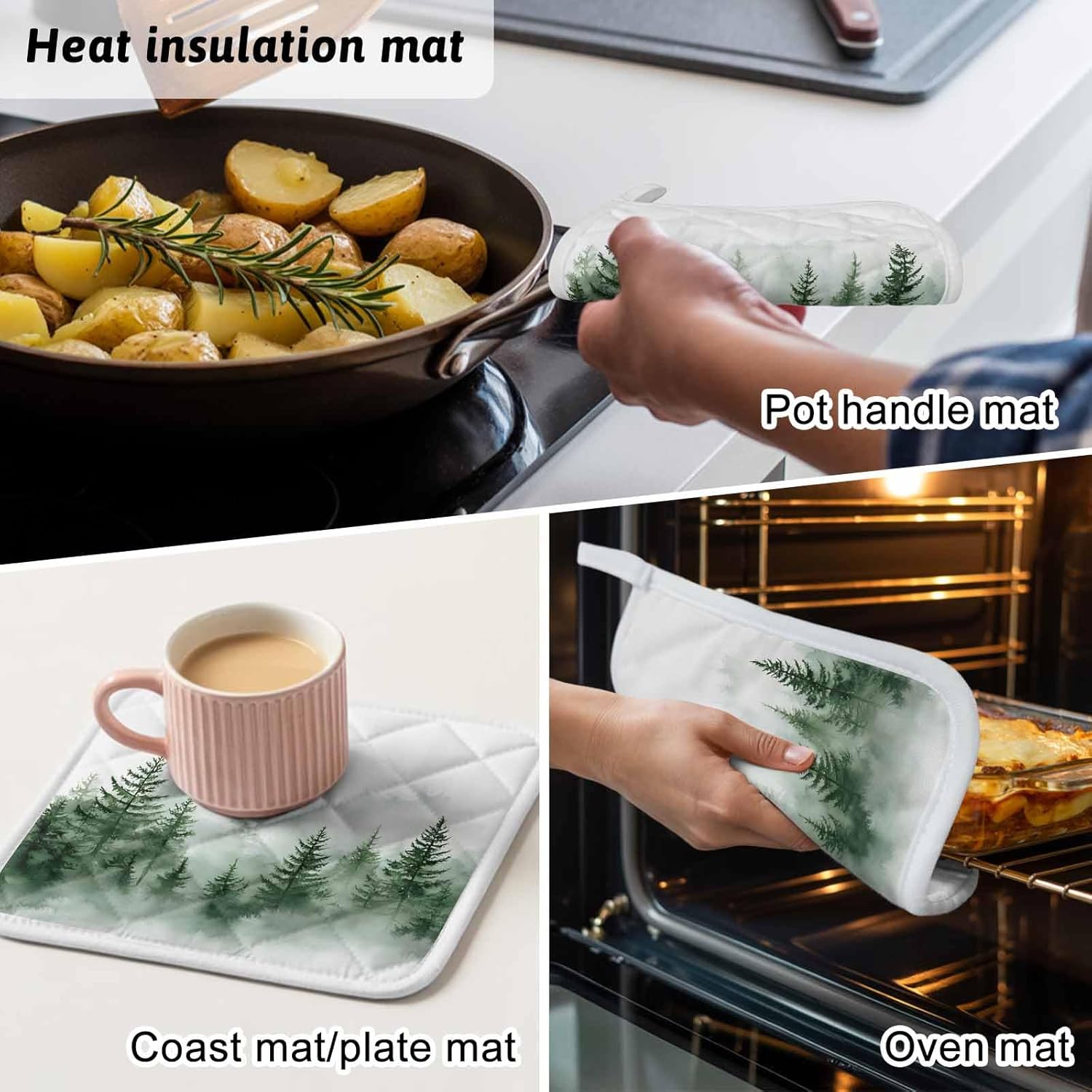 5 Pack Pot Holders for Kitchen, Green Foggy Forest Hot Pads for Kitchen Countertops Oven Pot Holder Bulk, Watercolor Mist Mountains Landscape Heat Insulation Potholders with Hanging Loops