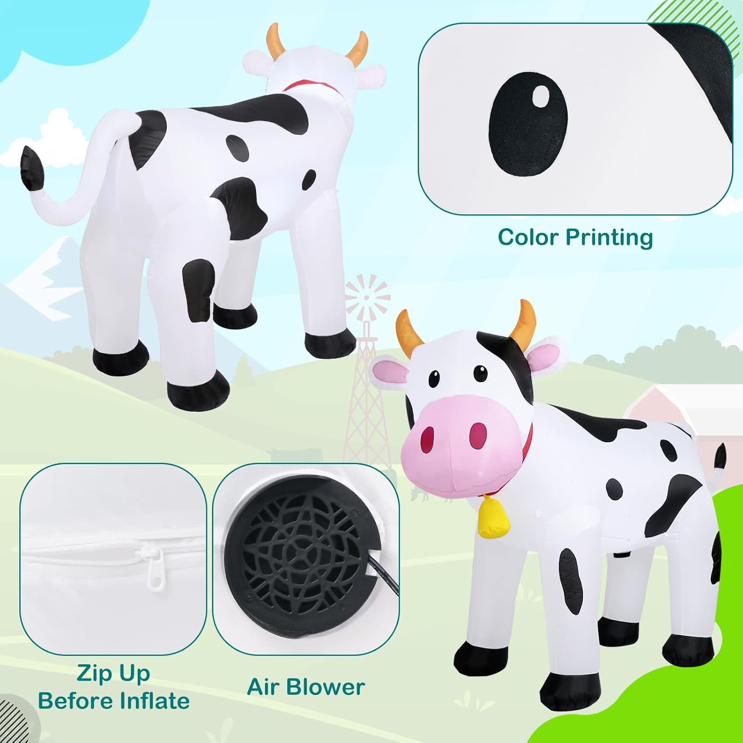 6FT Inflatable Cow Outdoor Decorations, Highland Cow Blow Up Yard Decorations with LED Lights, Cute Spotted Milk Cow Inflatable for Holiday Garden Lawn Farm-Themed Party Decor Outside - Image 3