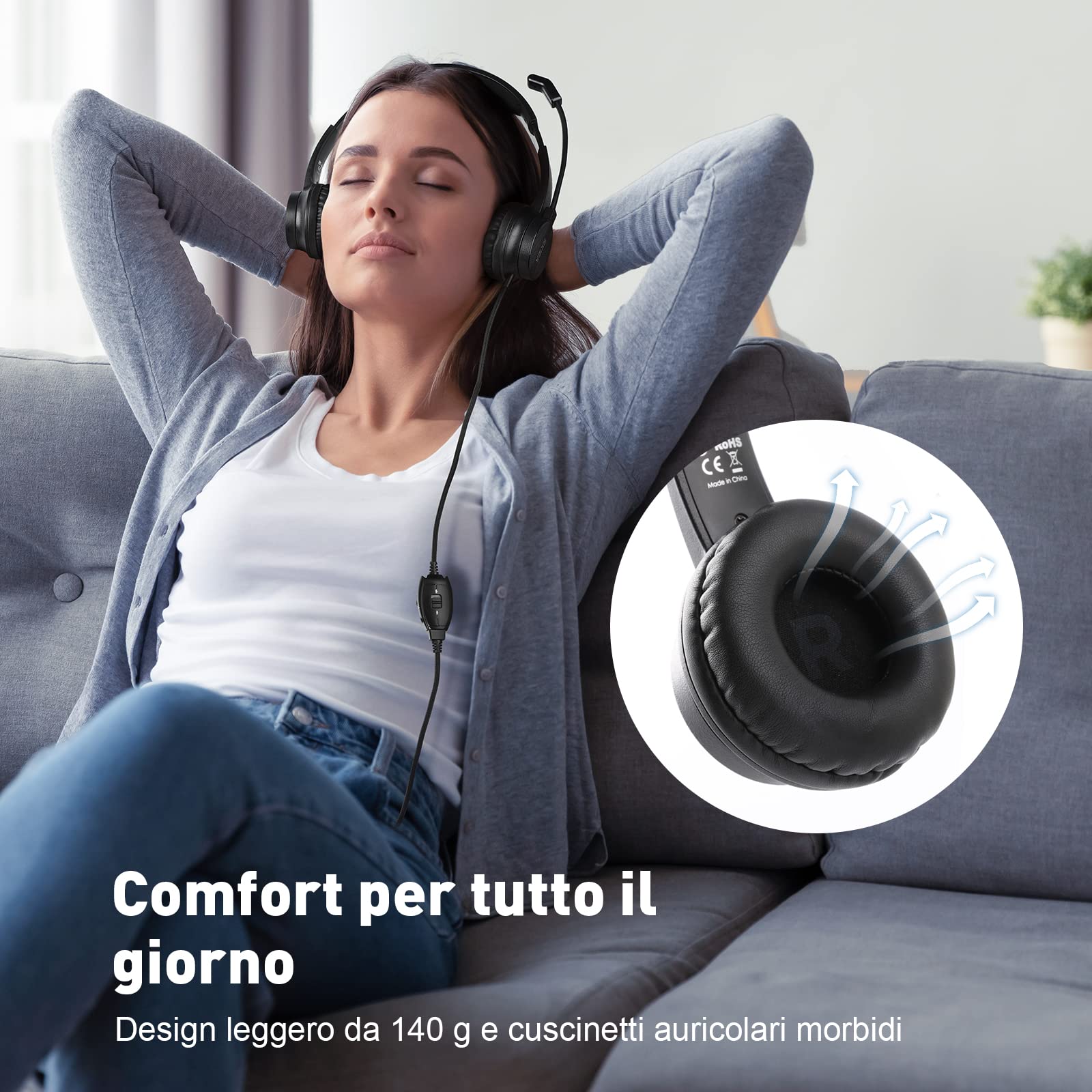 EKSA H12 - Cuffie con microfono per PC, con pulsante di muto, controllo del volume, ideale per riunioni, videoconferenze, telelavoro, ufficio, call center, Skype, Zoom
