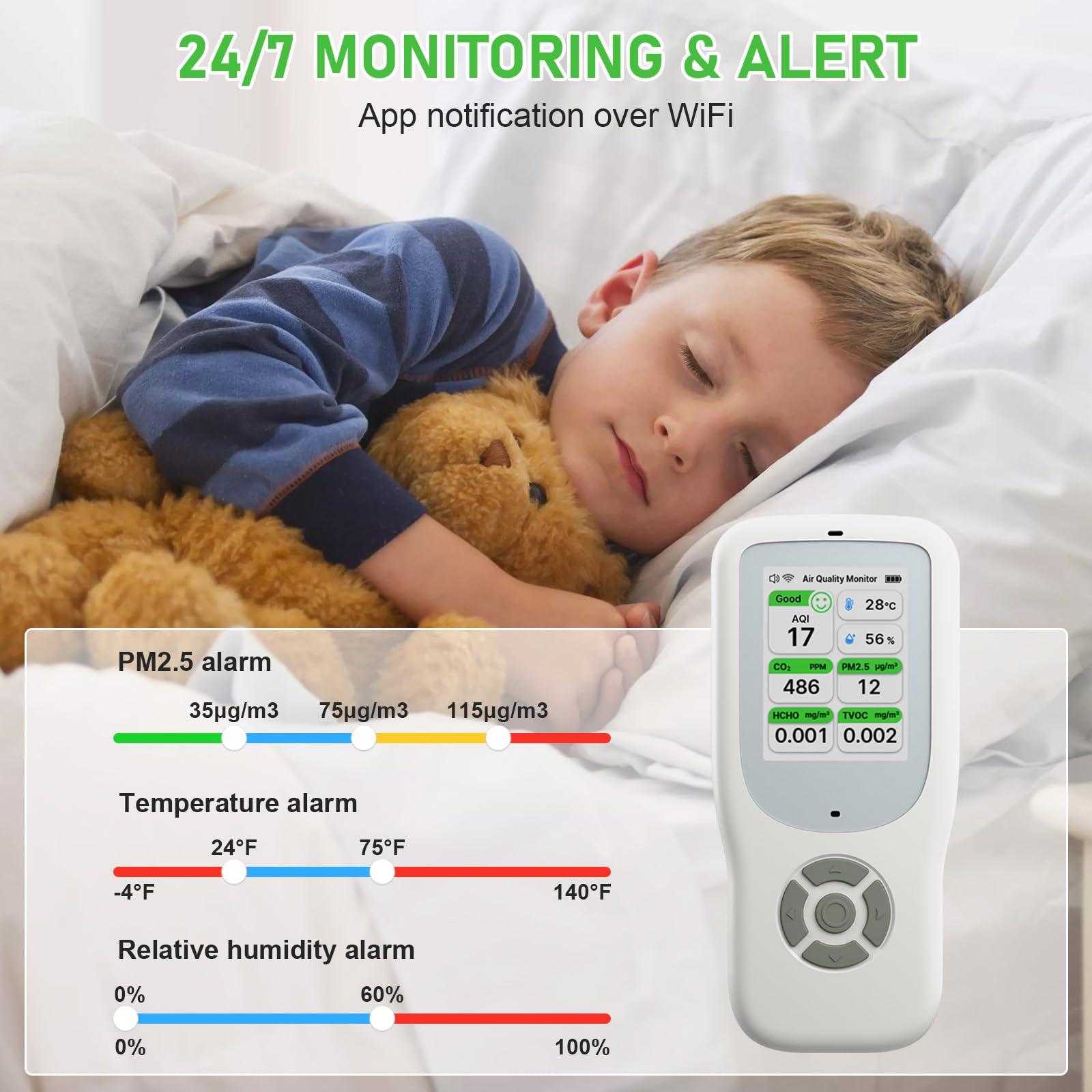 10 IN 1 Luftqualität Messgerät Melder, NDIR WiFi Luftqualitätsmonitor mit AQI/CO2/PM1.0/PM2.5/PM10/HCHO/TVOC, Temperatur & Luftfeuchtigkeit, Tragbar Formaldehyd-Detektor mit Smart APP für Haus Büro
