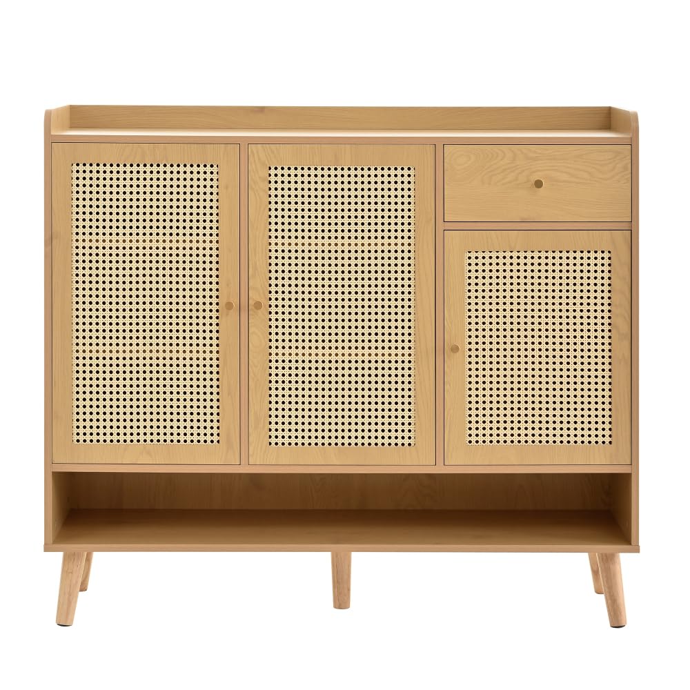 I0I&I0I Rattan Schuhschrank mit 2 Türen, Schuhkommode mit 5 Böden, Holzgriffe und Massivholzbeine für Flur und Eingangsbereich (Natural + Particle Board)