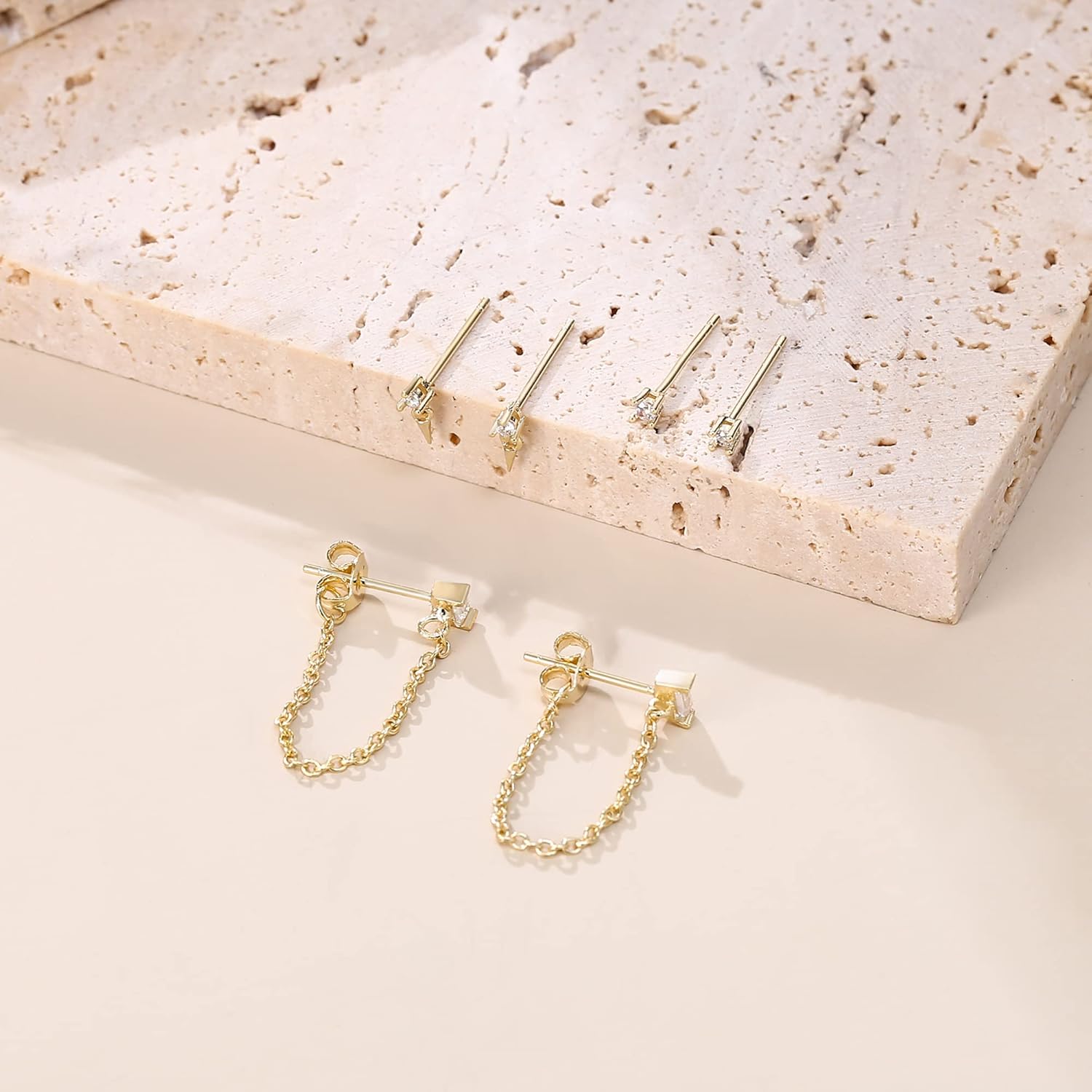 FANZE 14K Gold Plated Chain Earrings Set for women Cubic Zircon Stud Earring Hypoallergenic for Multiple Piercing Dainty Jewelry Gift - Image 5