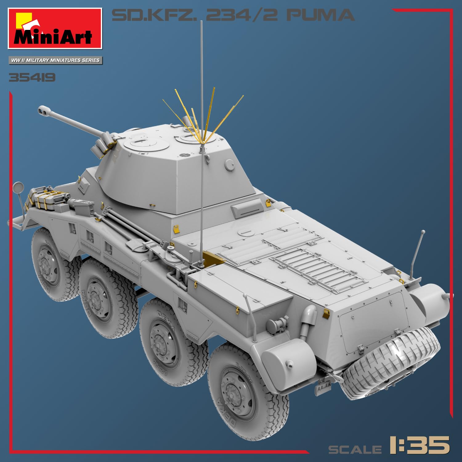MiniArt 35419 1:35 Sd.Kfz.234/2 Puma – Reproducción fiel a modelo, kit de construcción de plástico, manualidades, afición, pegar, maqueta, montaje, sin barnizar