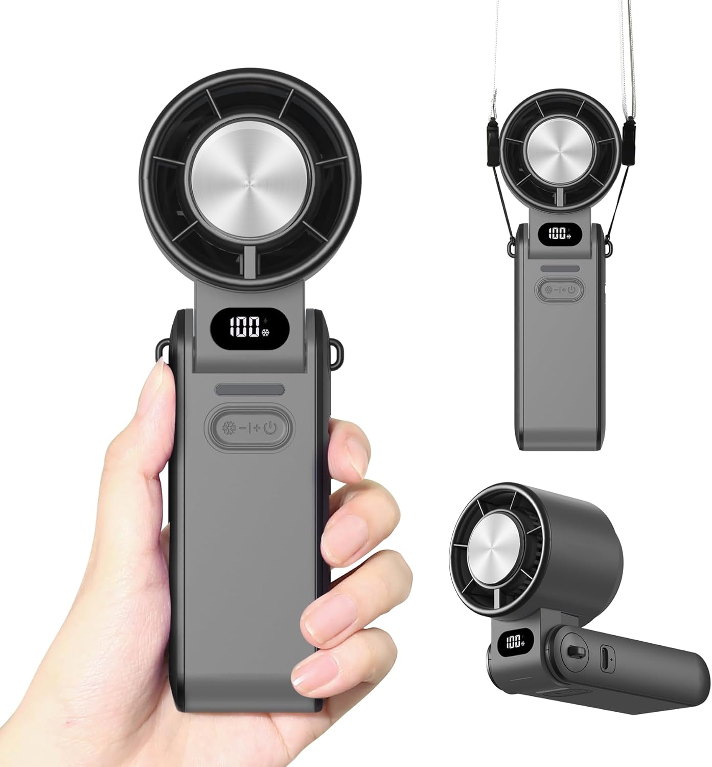 Rican Handheld Portable Fan with Cooling,1-100 Speeds,3 IN 1 Neck/Desk/Hand Held Fan Rechargeable USB Personal Small Mini Pocket Turbo Fans for Travel,Gifts for Women Camping Outdoor Black(Foldable Style)