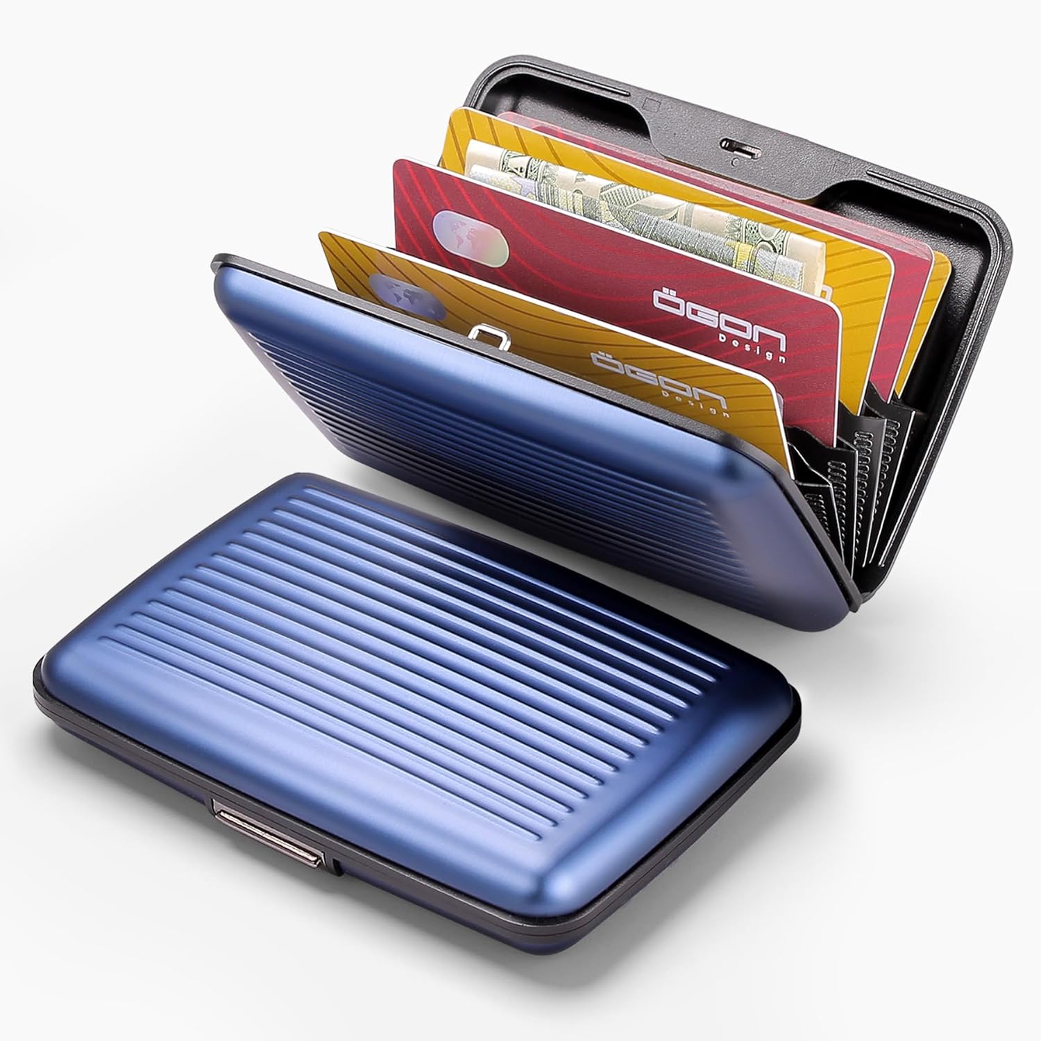 ÖGON -DESIGNS- Aluminum card holder with metal lock, RFID protection against fraud and demagnetization, compact wallet, Smart Case STOCKHOLM model (Aluminum Navy Blue) - Image 2