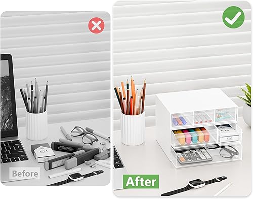 Miniatura 5 de Gonice Organizador de escritorio apilable de 3 niveles con 6 compartimentos, organizador de cajones apilables de plástico blanco para oficina,