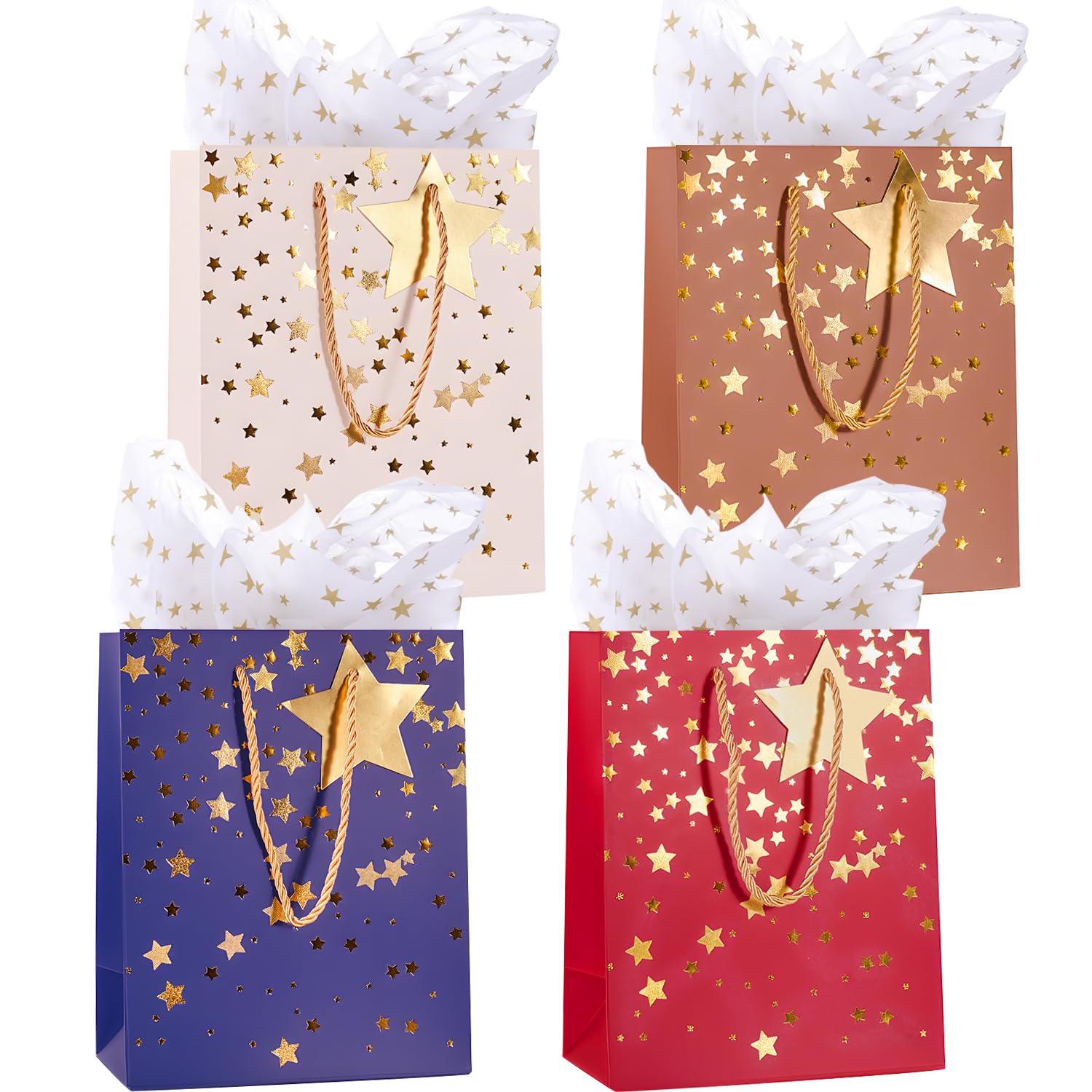 4pcs Gift Bags (9x7x4 inch) With Tissue Paper and Gift Tags for Women,Men's Birthday,Valentine's Day,Christmas,Small Business,All Occation (Multi)