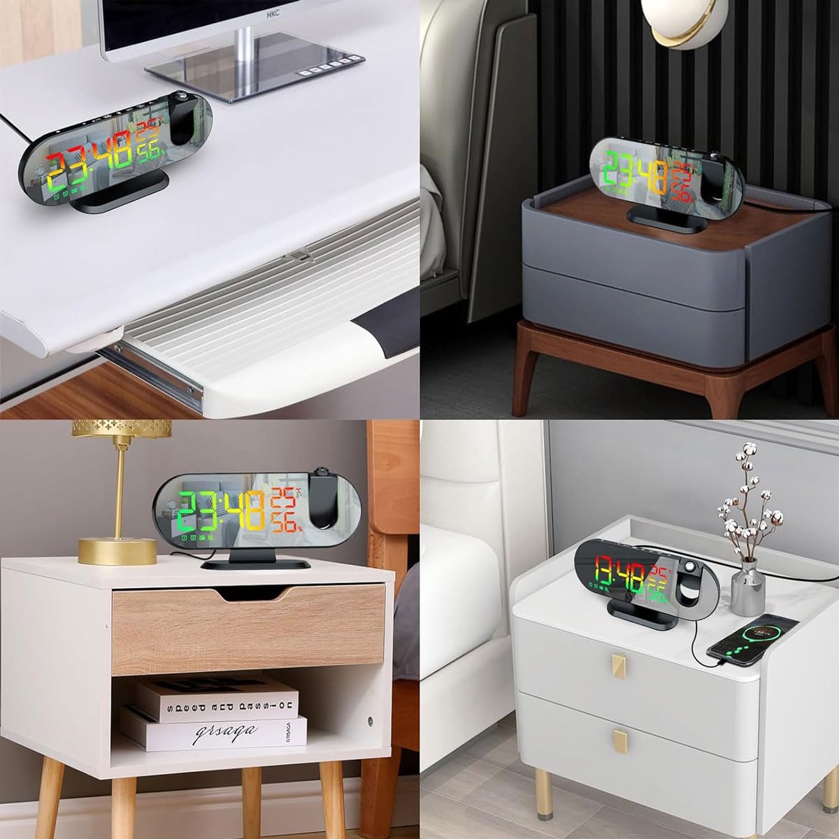 Projektionswecker, um 180° drehbare Projektor-RGB-Uhr, LED-Digital-Temperatur-Feuchtigkeitsmonitor mit Radio, Schlummerfunktion, 4-Stufen-Dimmer, 12/24 Stunden, USB-Ladeuhr für Schlafzimmer