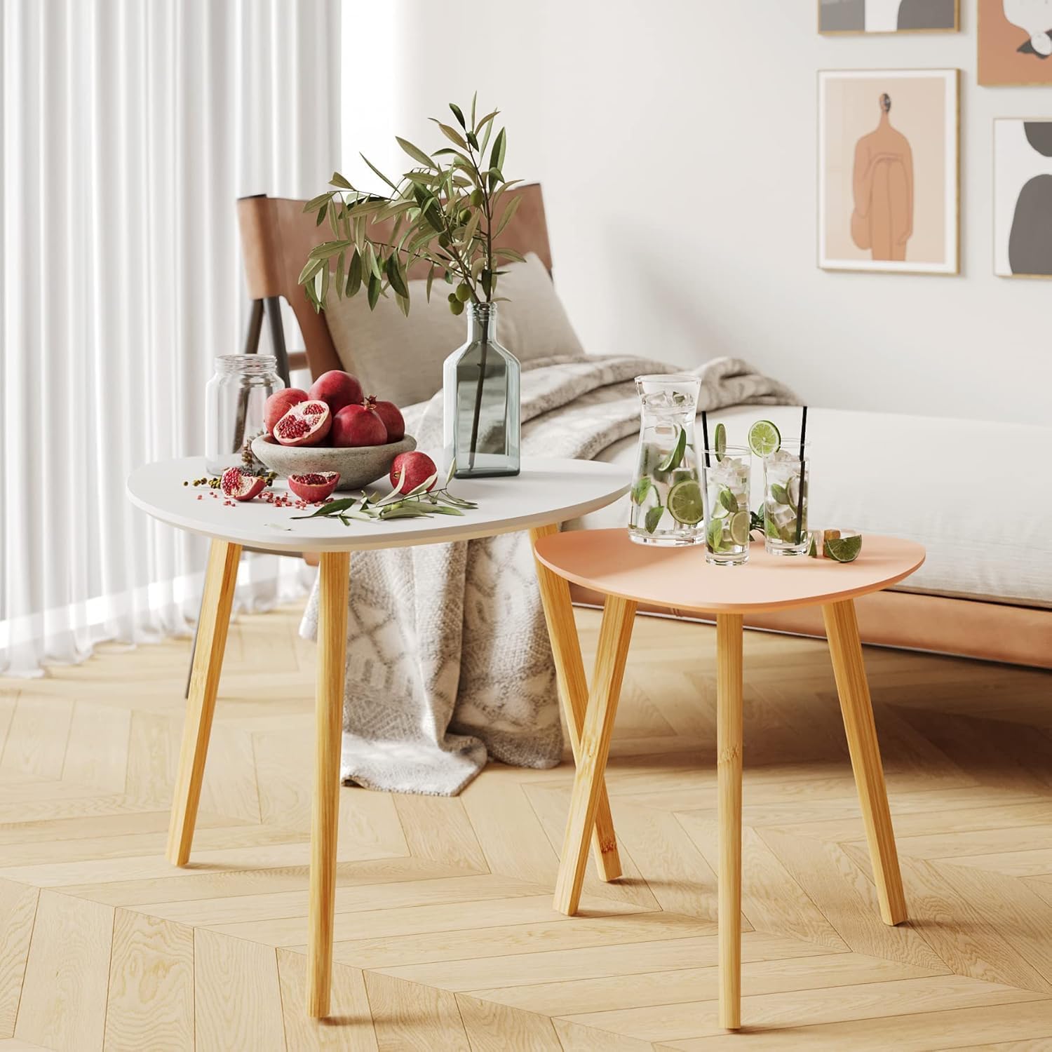 BAMEOS Bamboo Nesting Triangle End Table,Set of 2 SideTable Modern Minimalist Coffee Table for Living Room (White & Pink)