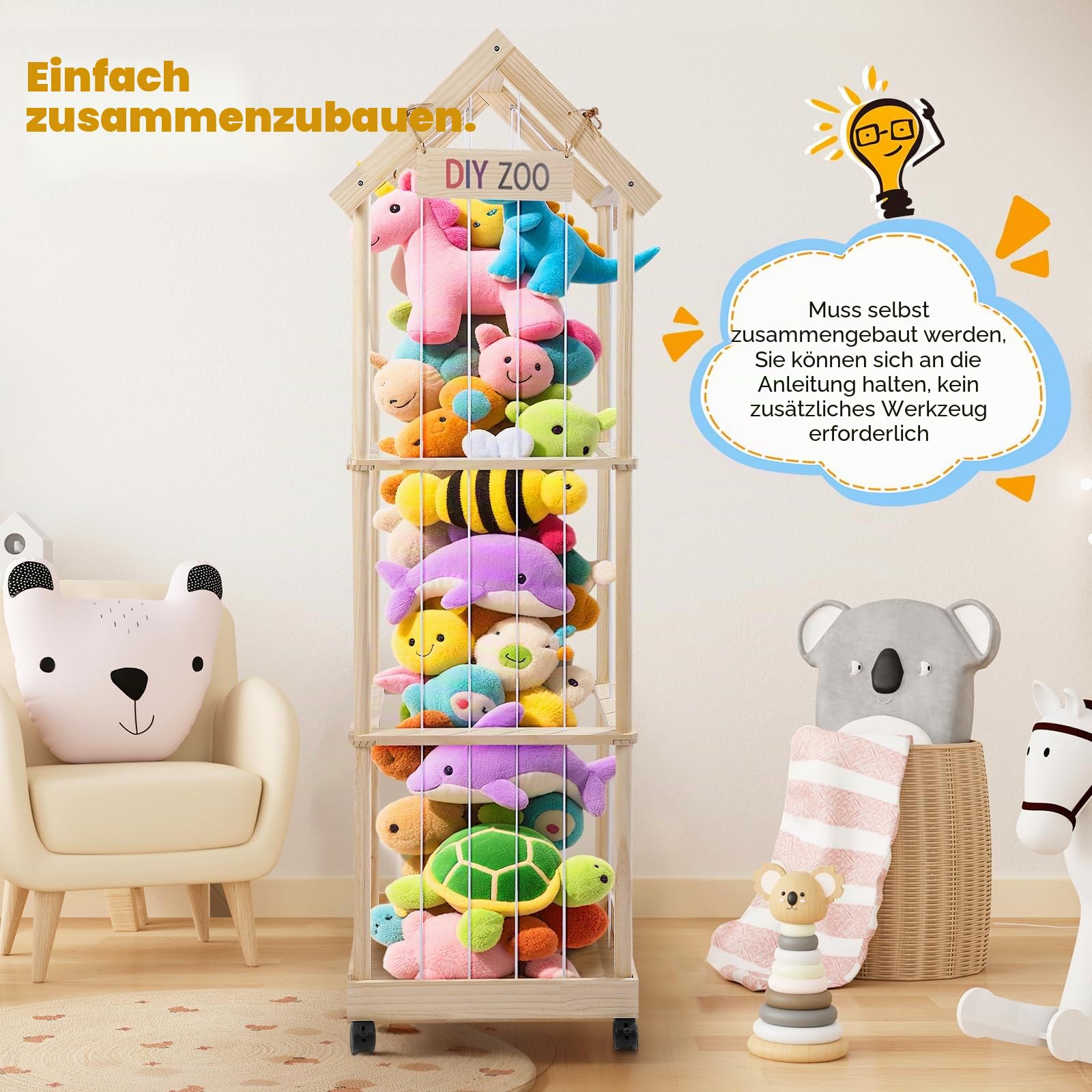 Kuscheltier Aufbewahrung 146x47x35CM, MINENICE Plüschtier Aufbewahrung aus Massivholz mit 360° Feststellbaren Lenkrollen für Babyzimmer, Wohnzimmer, Schlafzimmer, Kinderzimmermöbel