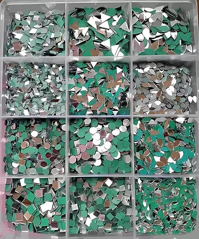 Nihaal 12 Different Size Mirror for jwellery makeing & Other Craft Works (Total 1200 Pieces 100 Pieces of Each Shape with Fabric Glue Cone)