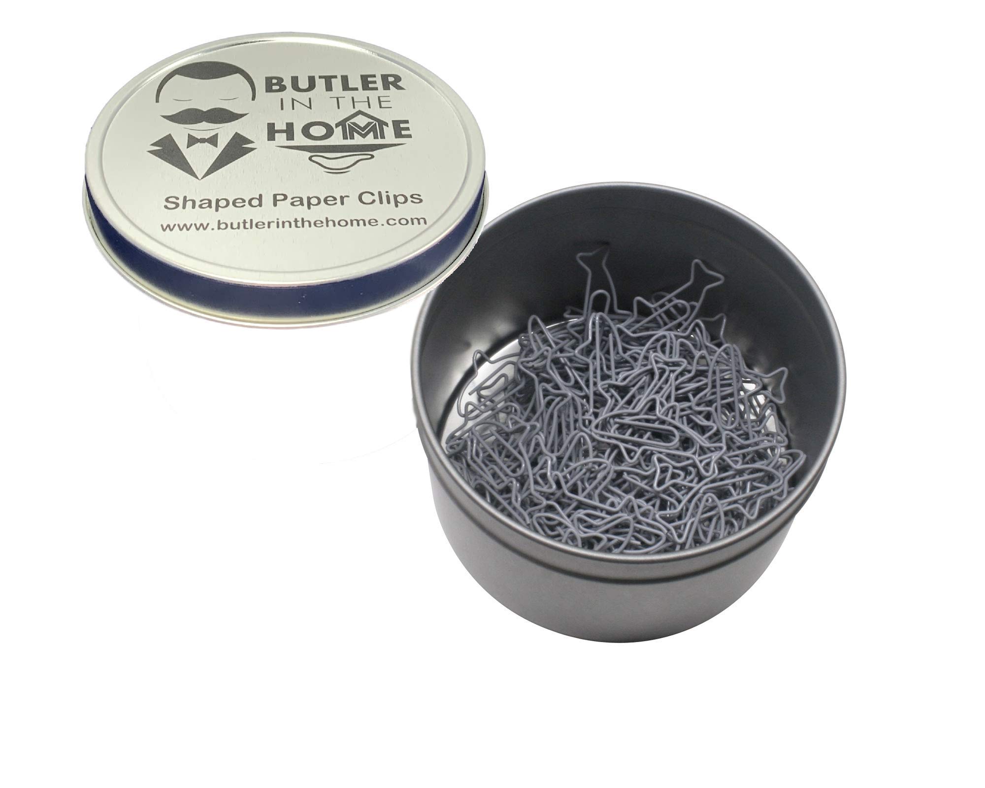 Butler in the Home Büroklammern in Haifischform, ideal für Büroklammern, Sammler oder Büro-Geschenk, in runder Dose mit Deckel und Geschenkbox (grau)
