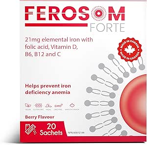 Ferosom Forte LCE Liposomal - 21g Elemental Iron Supplement with Vitamin B12, B6, D, C - High Absorption Iron Powder Sachet Supplements for Men &amp; Women, 20 Vegan Sachets – Made in Canada