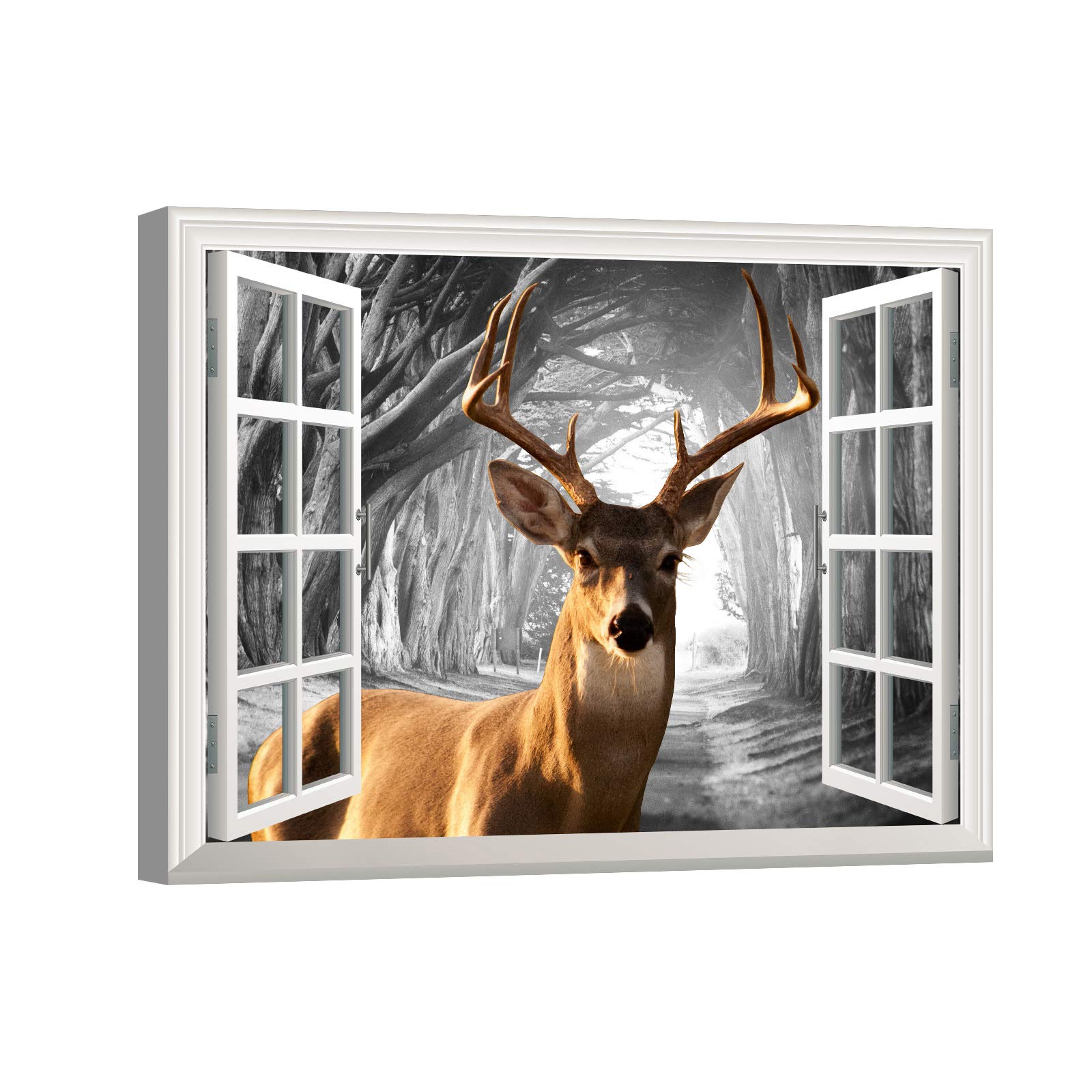 AOHART Deer Wall Decor for Home Wall Decorations with Frame Yellow Deer Canvas Wall Art Living Room Wall Clearance Bathroom Antler Decor Window View Forest Woodland Landscape Wall Painting Artwork