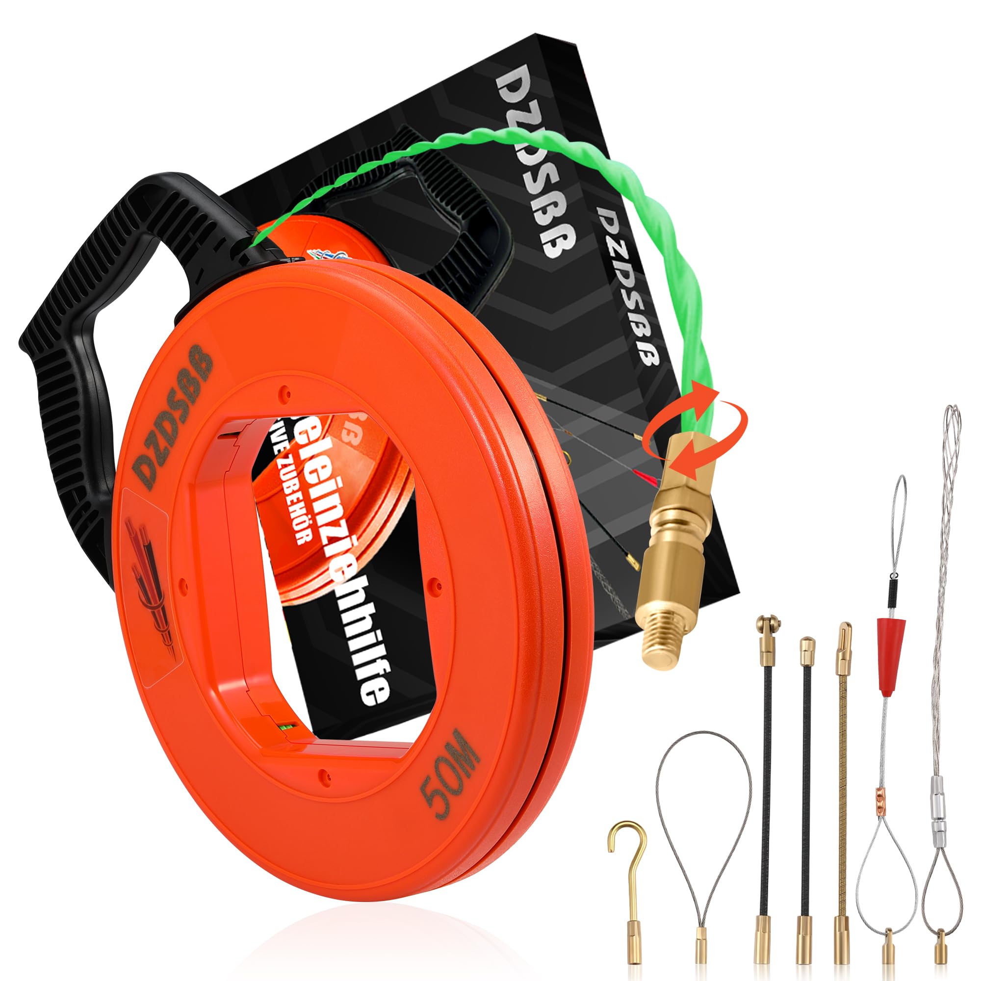 Guia pasacables de 50 m, guía pasacables profesional de 4,5 mm, guia para cables con rosca M5 para cables eléctricos, guia pasa cables retráctil con carcasa y 7 muelles guía
