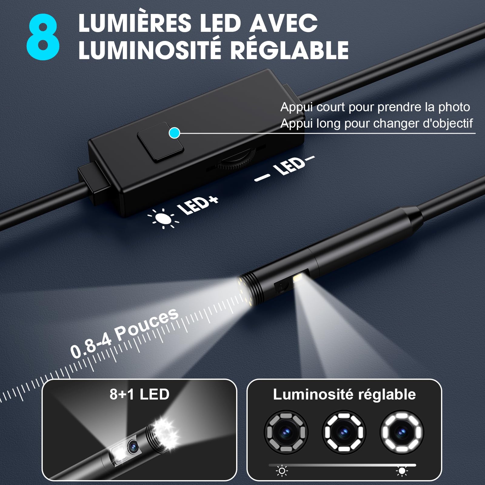 Caméra d'inspection Endoscopique 1920 HD Serpent, Borescope à Double Lentille avec 8+1 Lampes LED RéGlables Endoscope Type-C pour Smartphones Android et iOS(16.4Ft/5M)