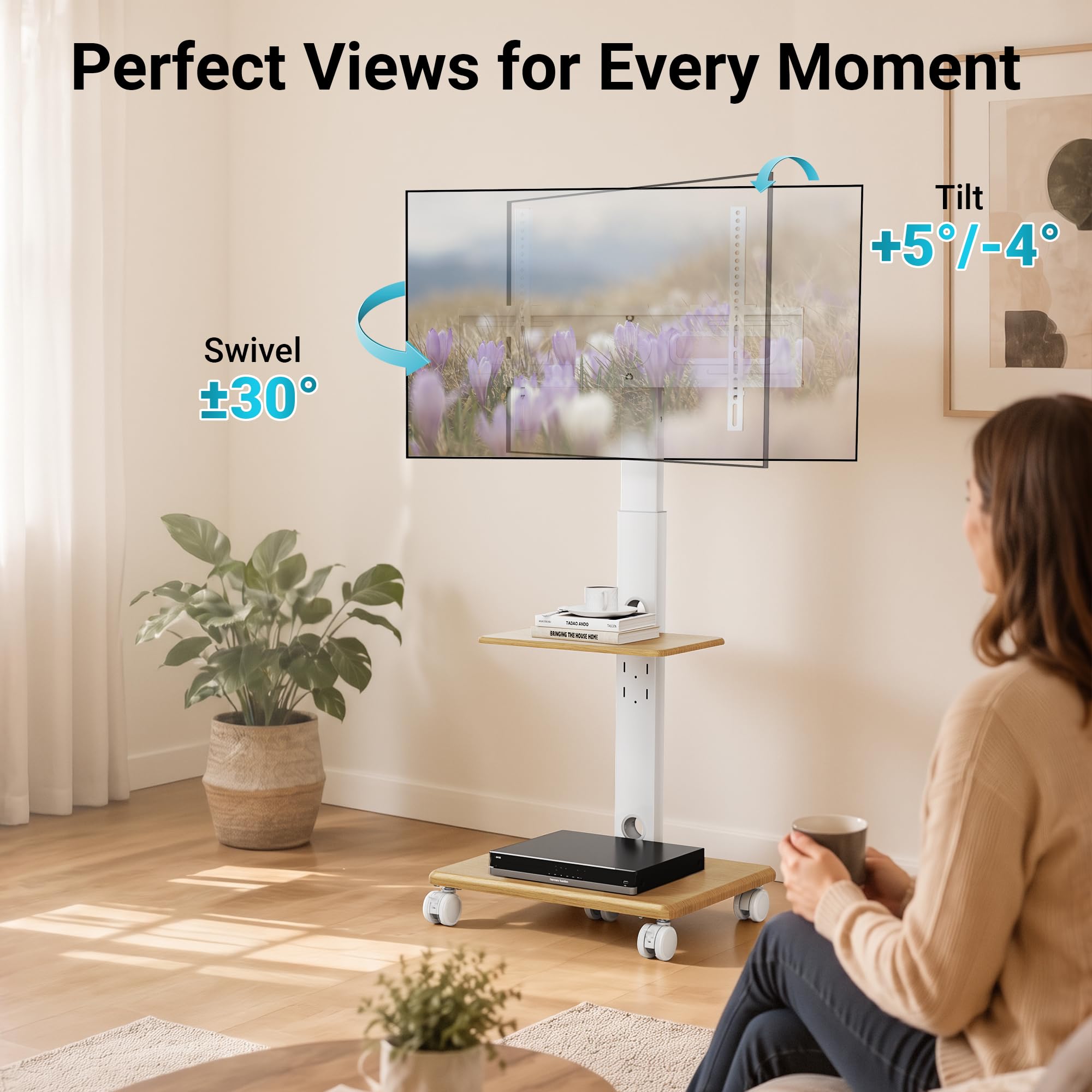 BONTEC Support TV sur Pied à 5 roulettes, 32-80 Pouces, Charge 60 kg | Pied TV Universel Hauteur Réglable 1210-1500 mm, Inclinaison, Pivotement, Socle en Bois, VESA 600 x 400 mm
