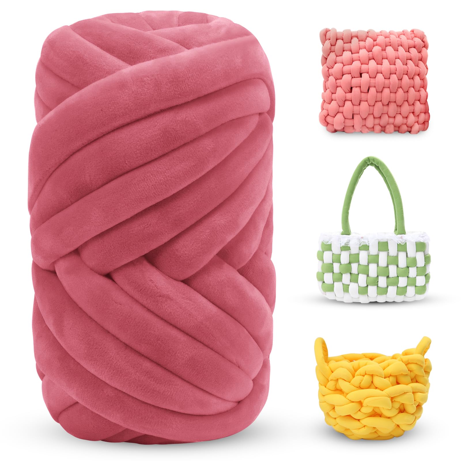 LEREATI Thick Chunky Yarn for Arm Knitting Jumbo Tube Soft Chunky Knit Blanket Velvet Yarn for Crocheting Handbags Hand Knitting Pet Bed Rugs Pillows Crafts (250g, Watermelon Red)