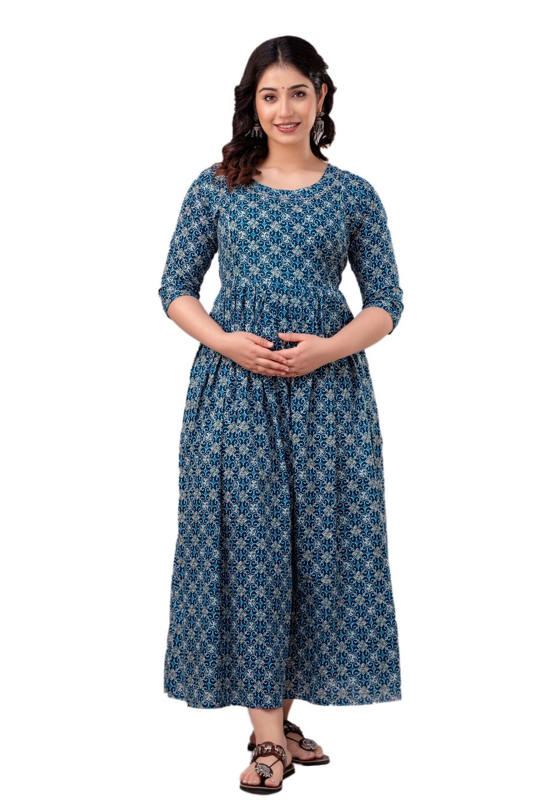 Women's Cotton Long A-Line Maternity Kurti/Anarkali Dress with Zipper, Feeding Kurti for Pre and Post Pregnancy (Blue,XL)-image-3
