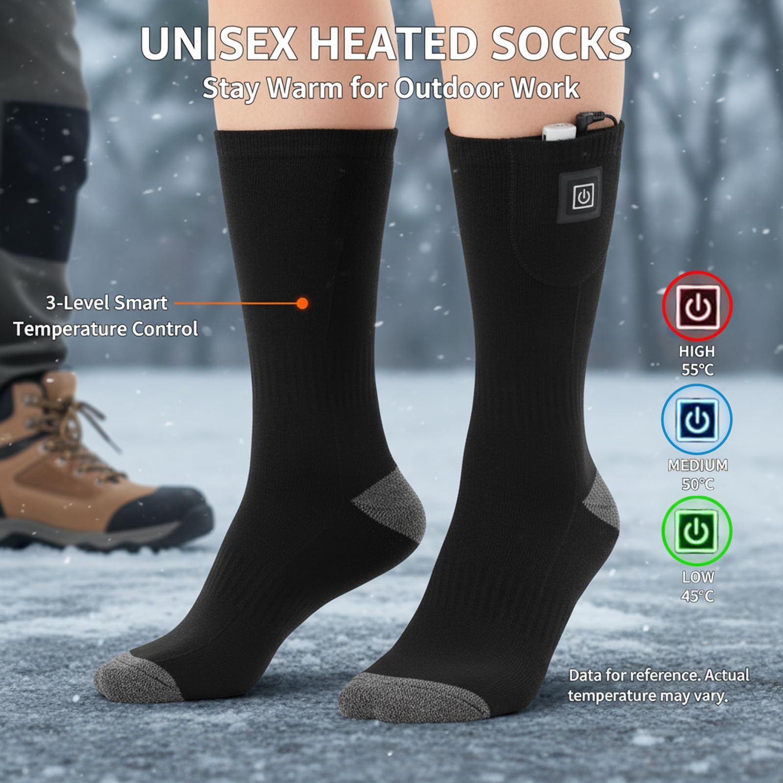 Calcetines calentados con temperatura ajustable, calcetines calefactables para hombre y mujer, 3 niveles de calor y batería de 4000 mAh, lavable a máquina, para exterior, senderismo, esquí, camping
