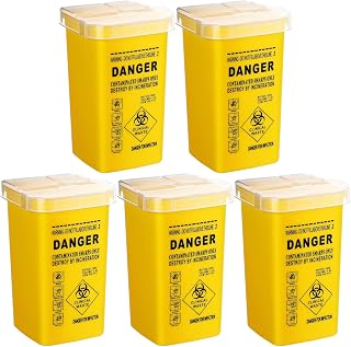 HOMSFOU 5-Pack Yellow Sharps Containers - Small 1L Biohazard Bins for Needles, Razors, Salon Waste & Home Disposal