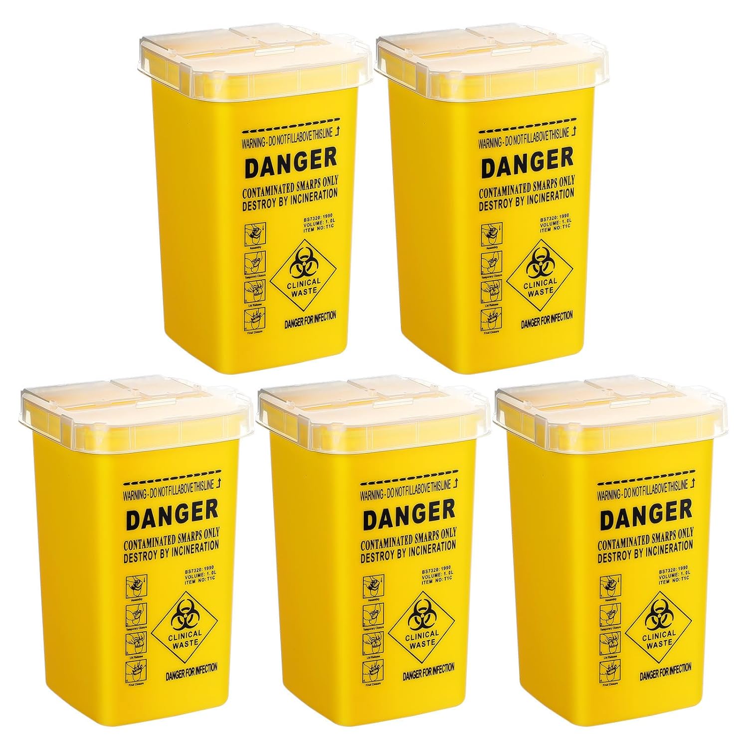HOMSFOU 5-Pack Yellow Sharps Containers - Small 1L Biohazard Bins for Needles, Razors, Salon Waste & Home Disposal