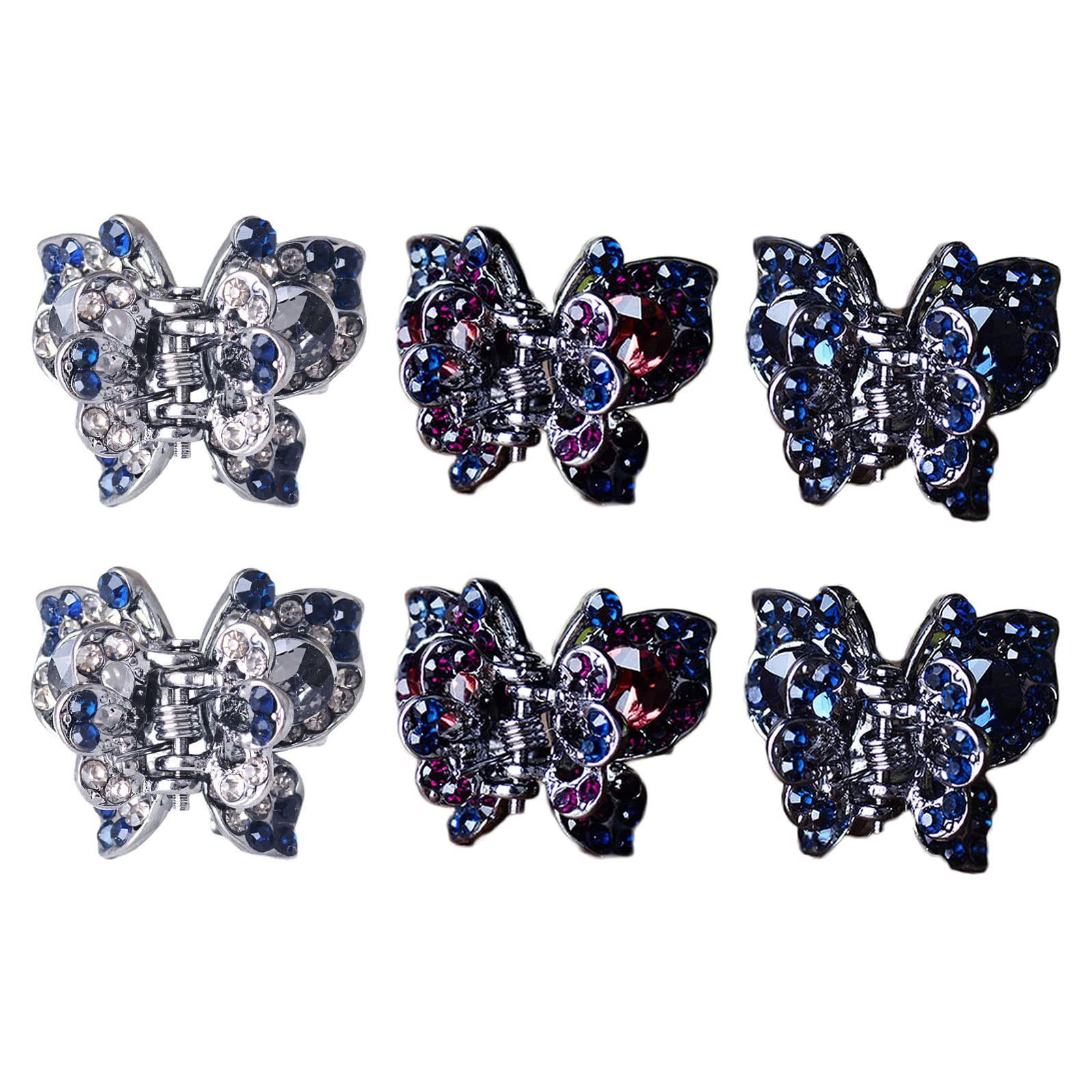 WSERE 6 Pack Vintage Mini Hair Jaw Clips Metal Rhinestone Butterfly Hair Claw Clips Crystal Small Claw Hair Clips for Women Girls Thin/Thick Hair Styling, Non Slip Cute Decorative Shiny Hair Clamps