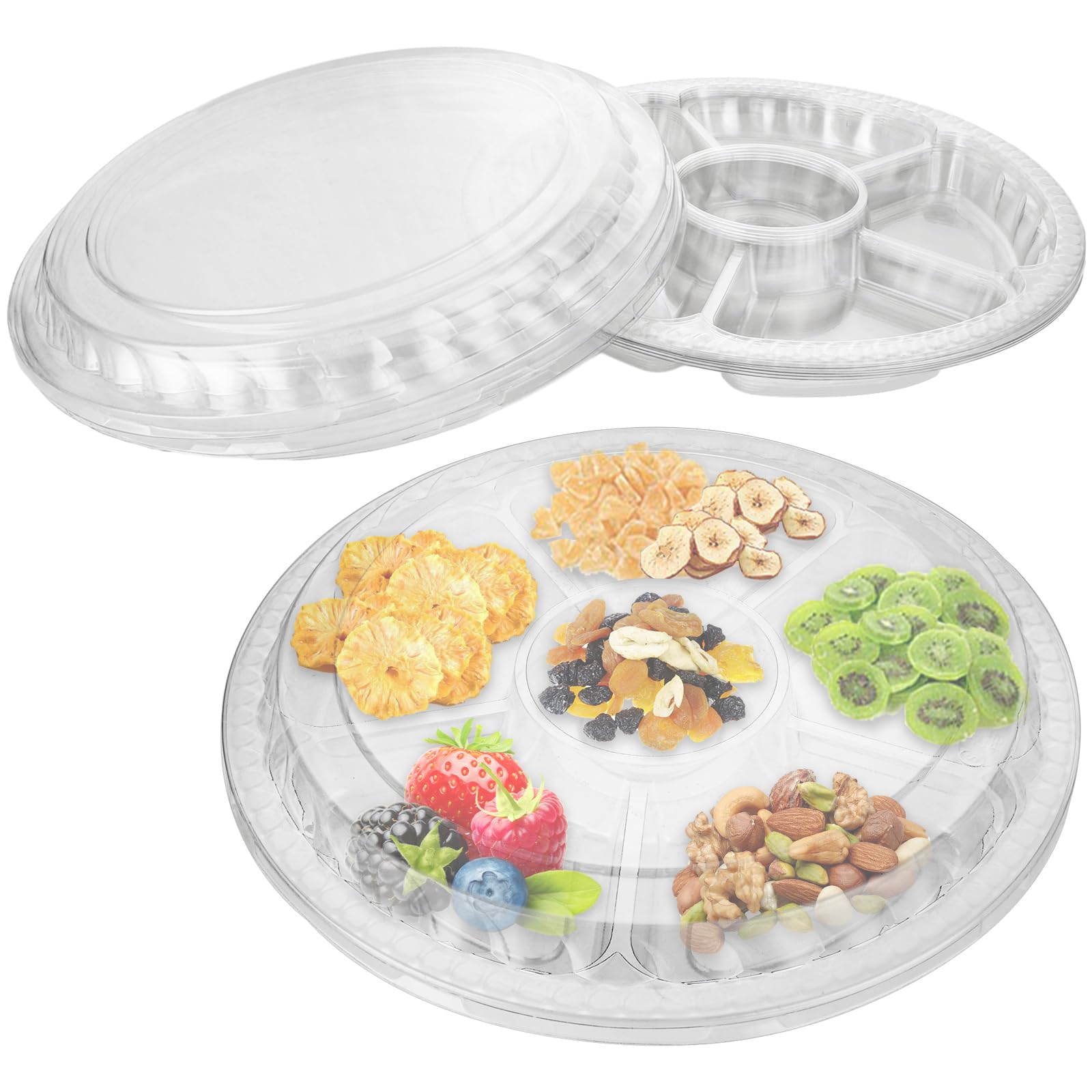 Lot de 20 plateaux à compartiments avec couvercles pour collation, 31,5 x 5 cm, plateau de service divisé avec couvercle, plateau de service avec couvercles et 6 sections, plateau à goûter en