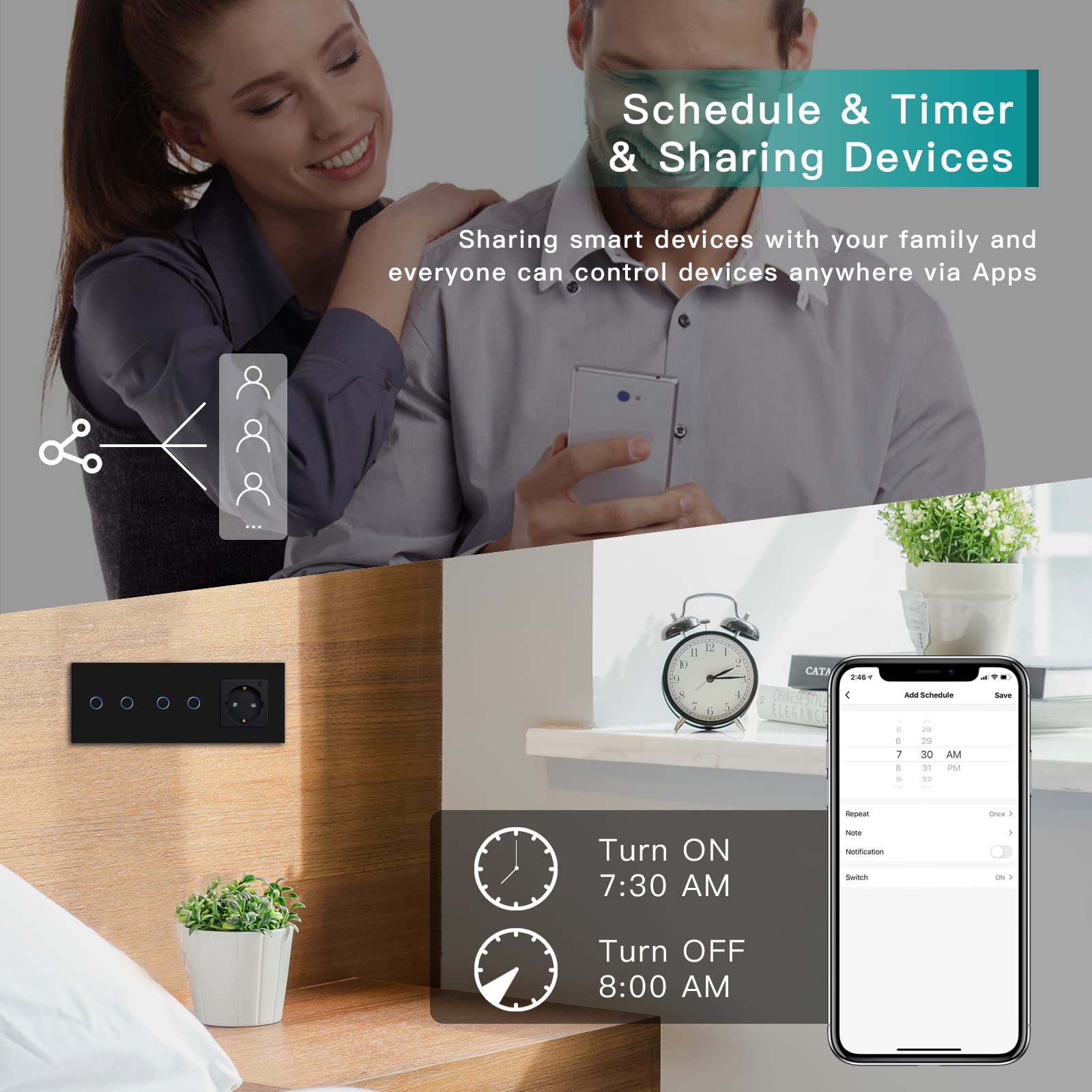 BSEED Schuko WLAN Steckdose mit Single Live Wifi Touch Schalter Wandsteckdose Unterputz Senkrecht aus Glas mit Doppelt Smart Alexa Lichtschalter(Kein Neutralleiter Erforderlich) 2 Fach 1 Weg Schwarz