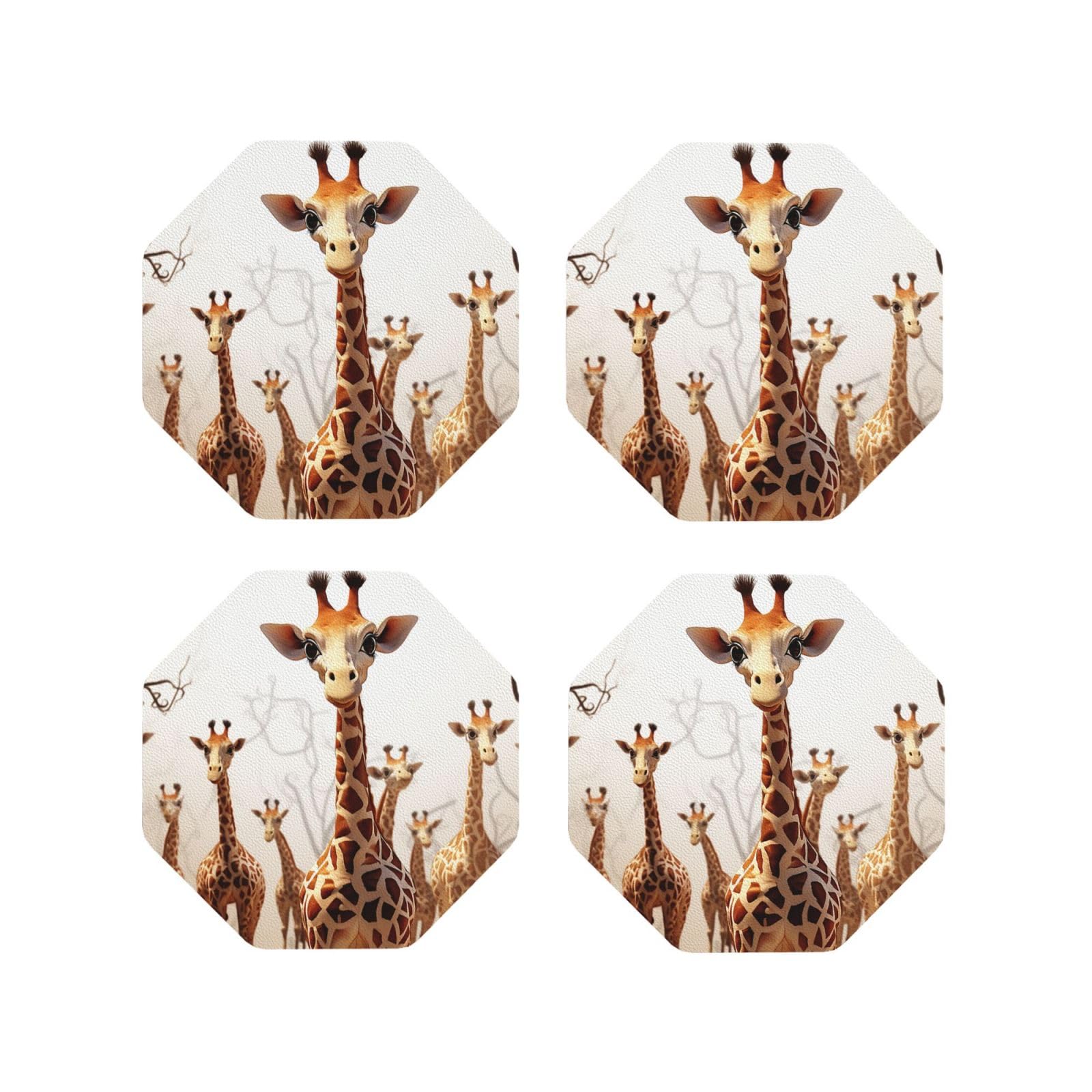 4Pcs PU Leather Coaster for Drinks, Cute Cartoon Funny Giraffes Cup Coastersr 4" Cup Mat Pad, Aesthetic Drink Coasters for Coffee Table, Octagon Coaster for Tabletop Protection