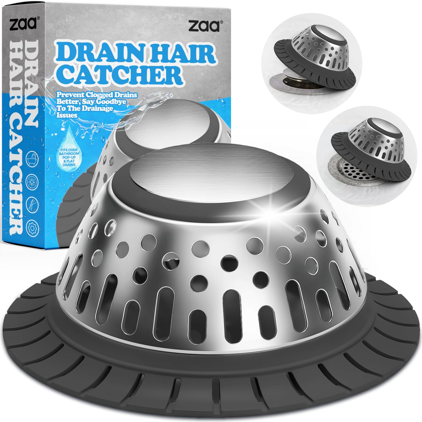 zaa Drain Hair Catcher - Bathtub Drain Cover, Hair Stopper for Bathtub Drain, 304 Stainless Steel Drain Protector and Hair Trap for Flat &amp; Pop-up Drains, Silver Black