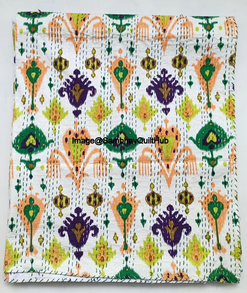 Sambhav Quilt Hub White Handblock Floral Multi Ikat Print Handmade Cotton Kantha Quilting Boho Bedding Throw Blanket Hippie Queen/King Size Bohemian Block Kantha Quilt (Queen 90X108 inches)