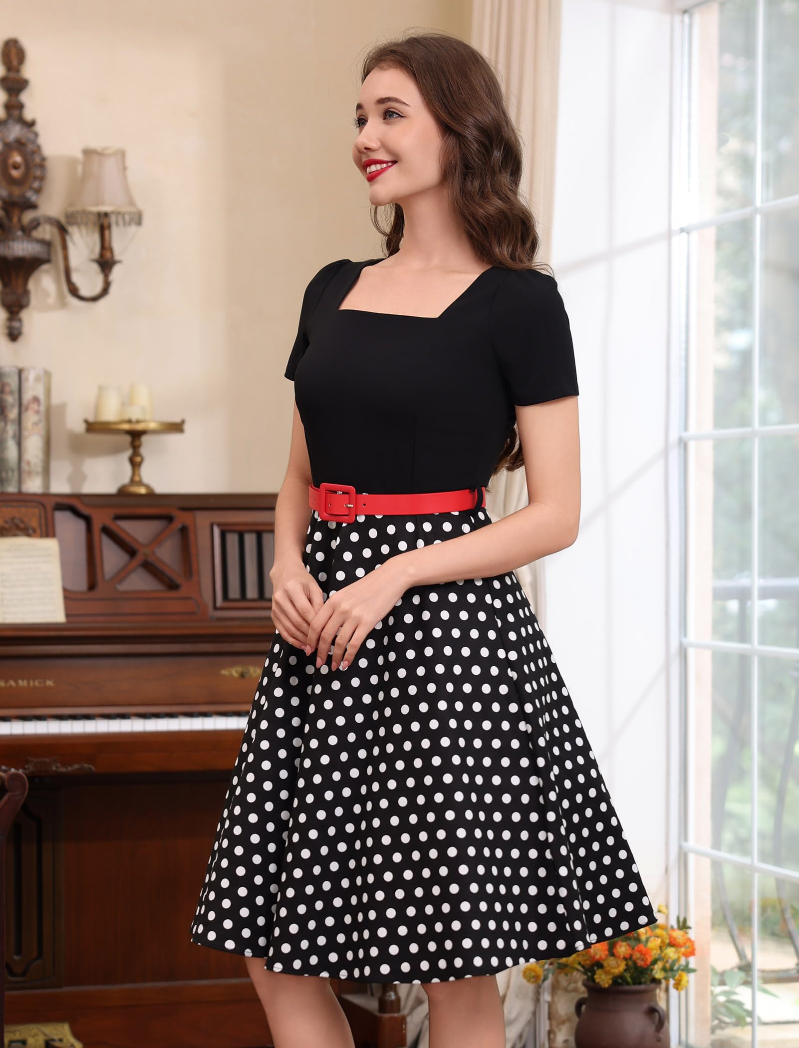 Abito da donna vintage anni '50, stile rockabilly, retrò, anni '50, motivo floreale a pois, Audrey Hepburn, per tea party, cocktail party, con cintura
