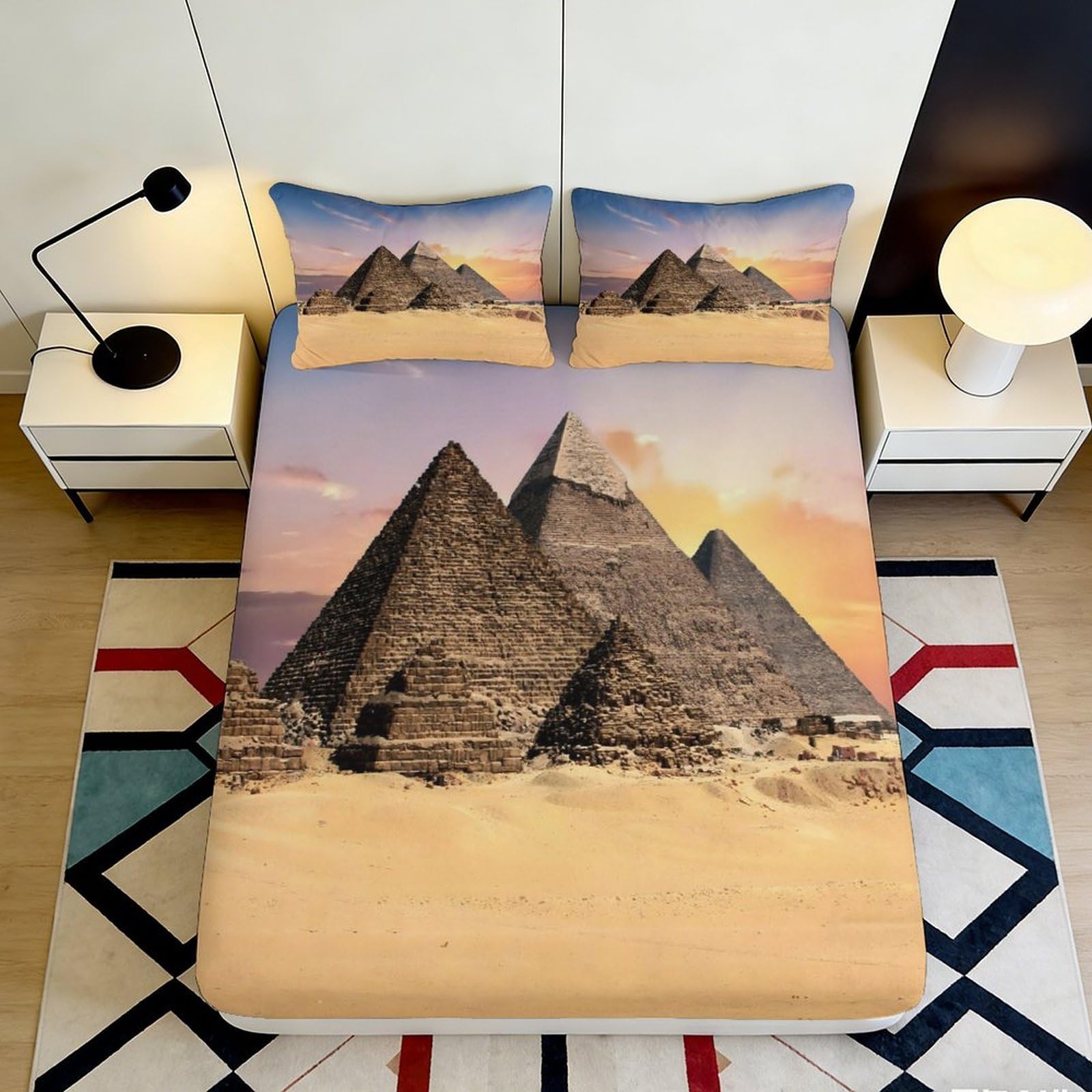 3D Printed Pyramid Desert Fitted Sheet Microfiber Soft Sand Sunset Bed Cover for Bedroom Dorm Mattress Protection Decor 90x200x25cm