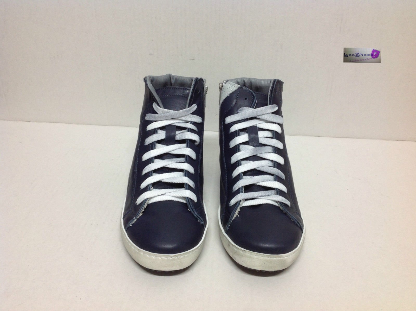 VIA CONDOTTI Scarpe Sneakers Alte Uomo Pelle Blu Ghiaccio Made in Italy Bicolor