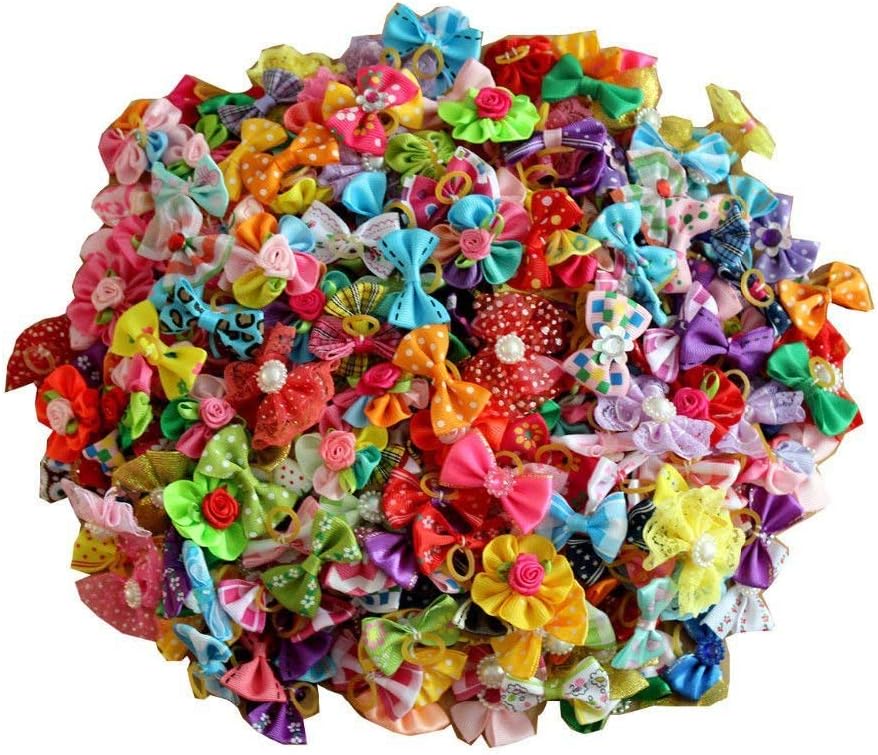 50pcs Dog Hair Accessories: Rhinestone Pearls Bowknots with Rubber Bands - Topknot Bows for Cute Styling