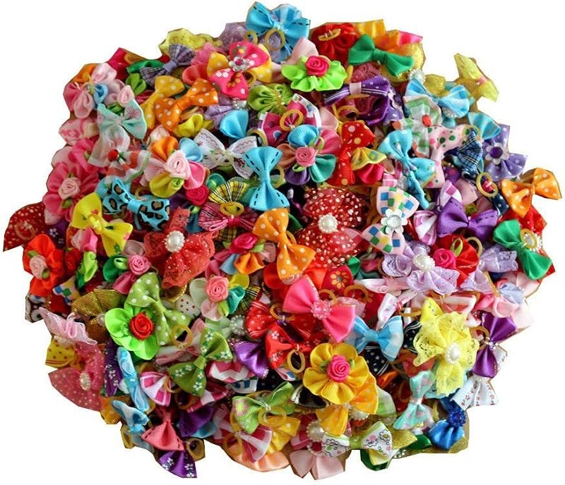 50pcs Dog Hair Accessories: Rhinestone Pearls Bowknots with Rubber Bands - Topknot Bows for Cute Styling