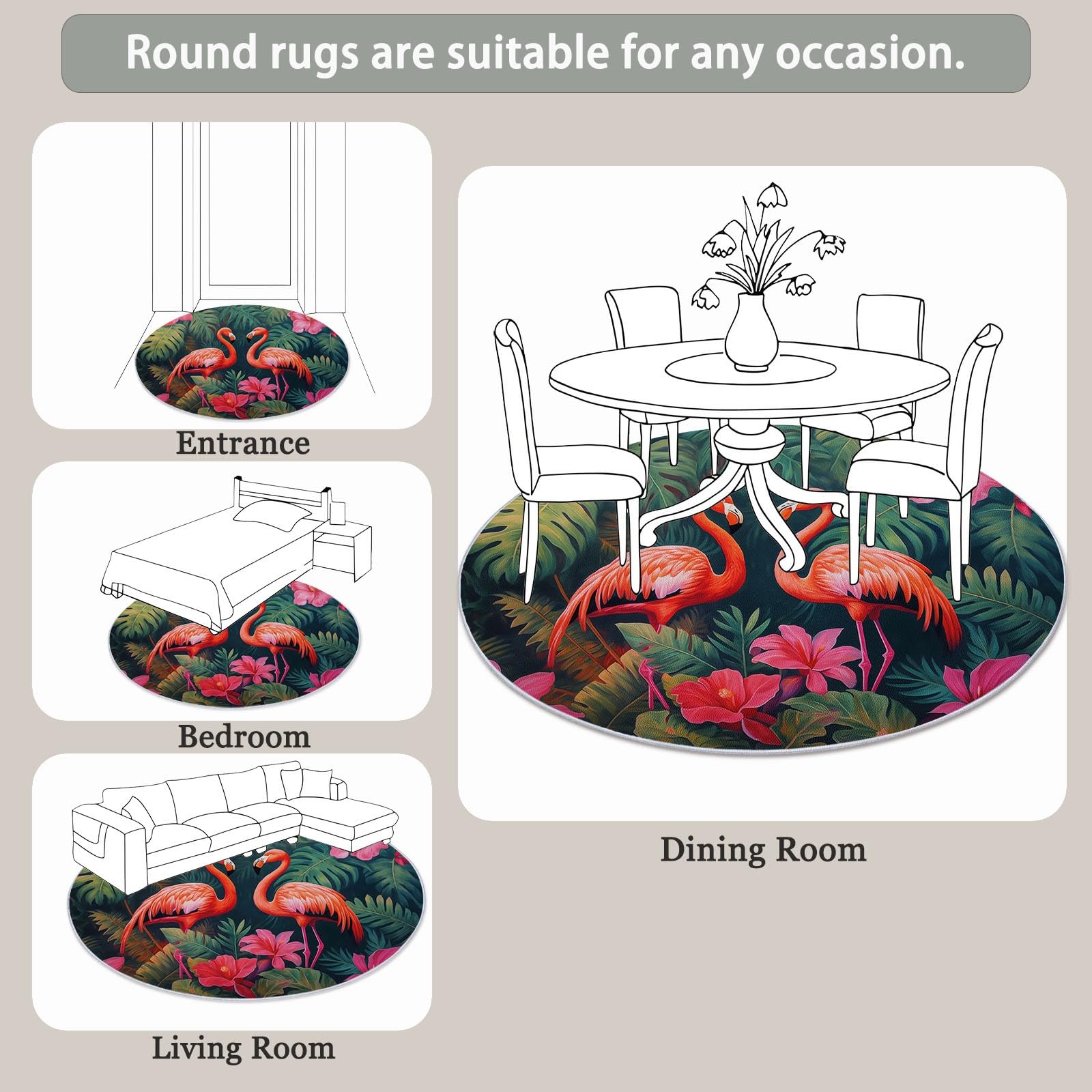 120 cm antypoślizgowy okrągły dywan można prać w pralce do salonu, różowy zielony zwierzęta trakcyjne różowe flamingi kwiaty drukowany dywan do jadalni pokój dziecięcy przedszkole