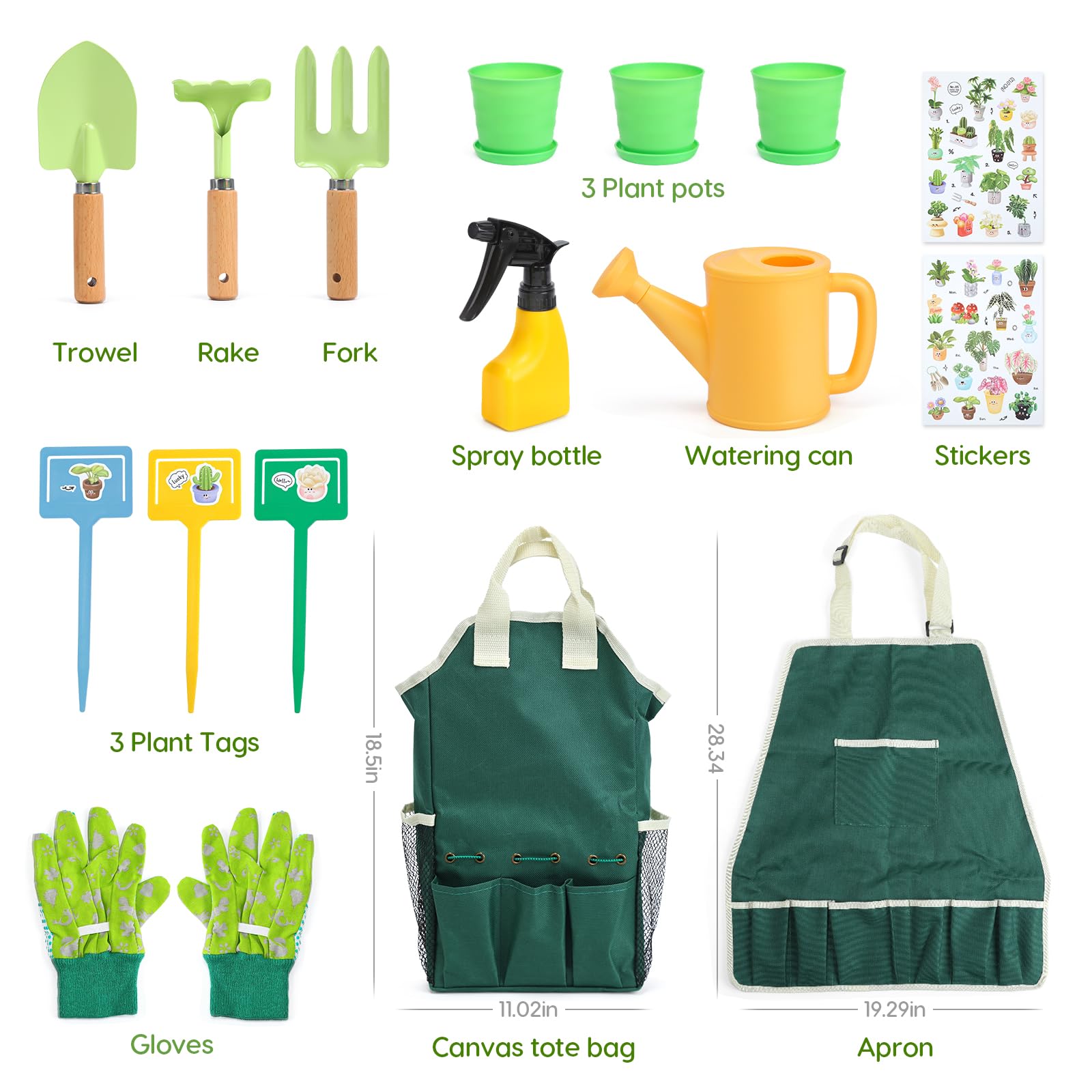 Juego de Jardín para Niños 2 Años con Herramientas Jardinería Kit, Regadera, Pala, Rastrillo, Guantes, Delantal, Pegatinas DIY