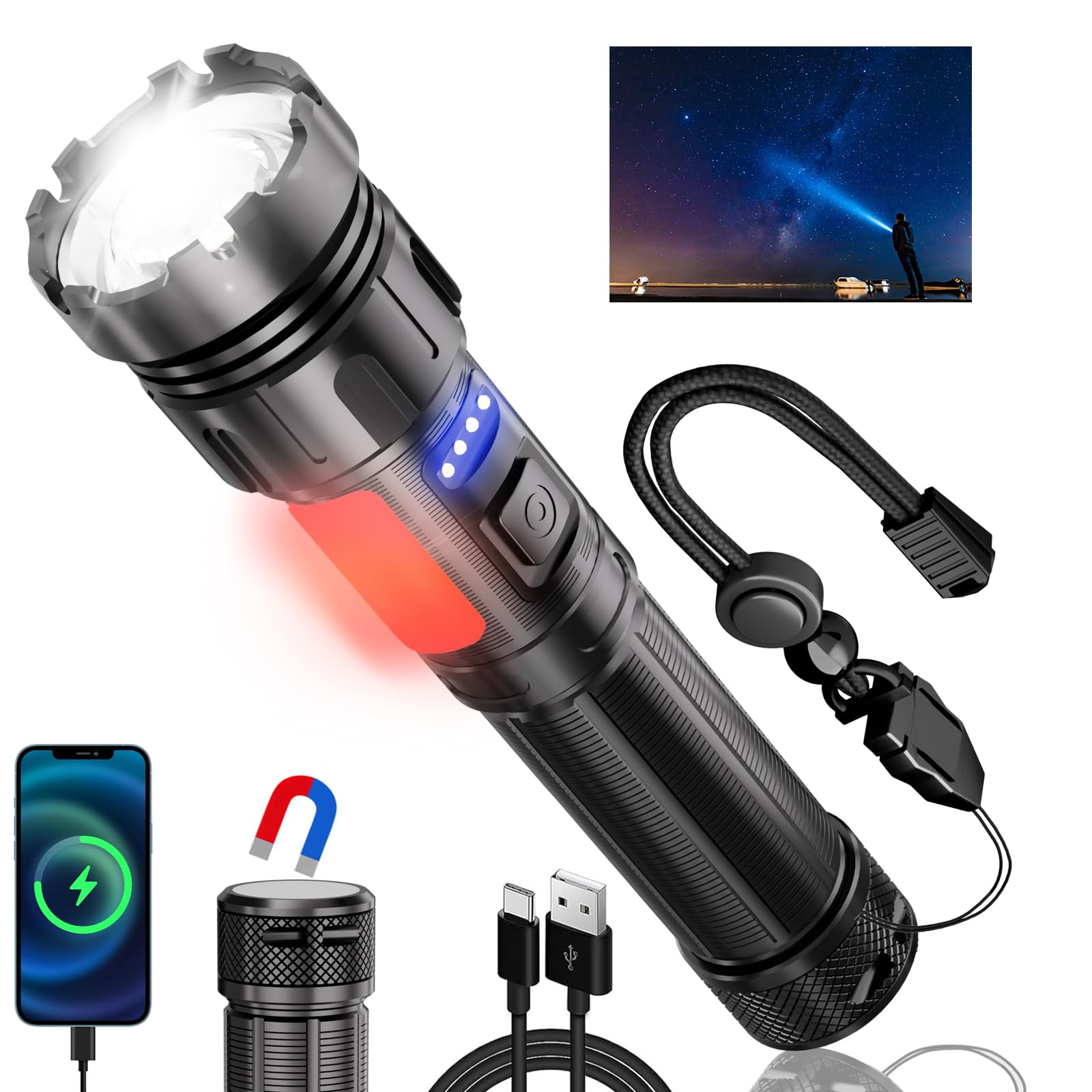 Linterna LED superbrillante, recargable, de alto lúmenes, con 5 modos de zoom, impermeable, para camping, niños, adultos, exteriores, senderismo, emergencia (L377-1 paquete)
