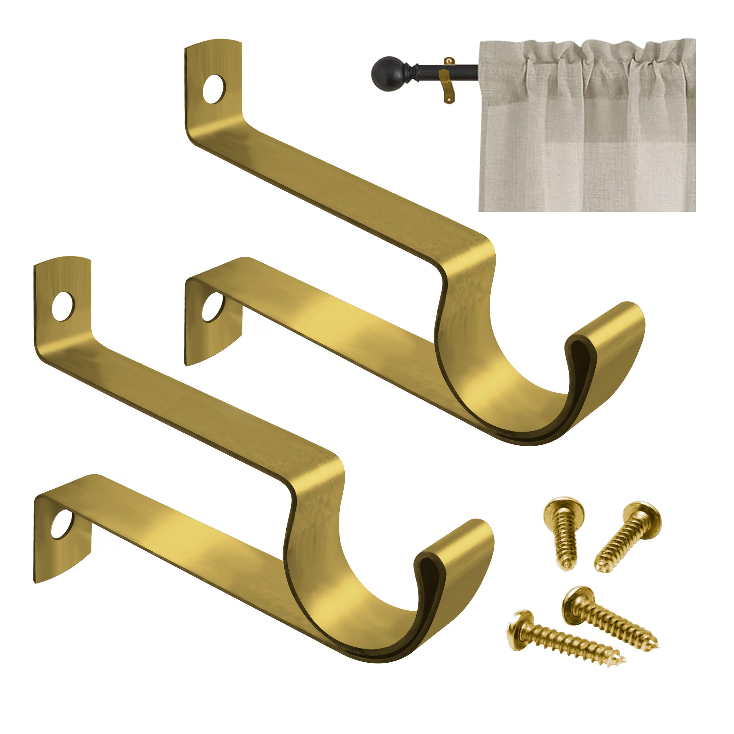 Amazing Drapery Hardware 7/16" Café Curtain Rod Replacement Mounting Bracket with Screws - Brass Finish, 2" Clearance - 1 Pair