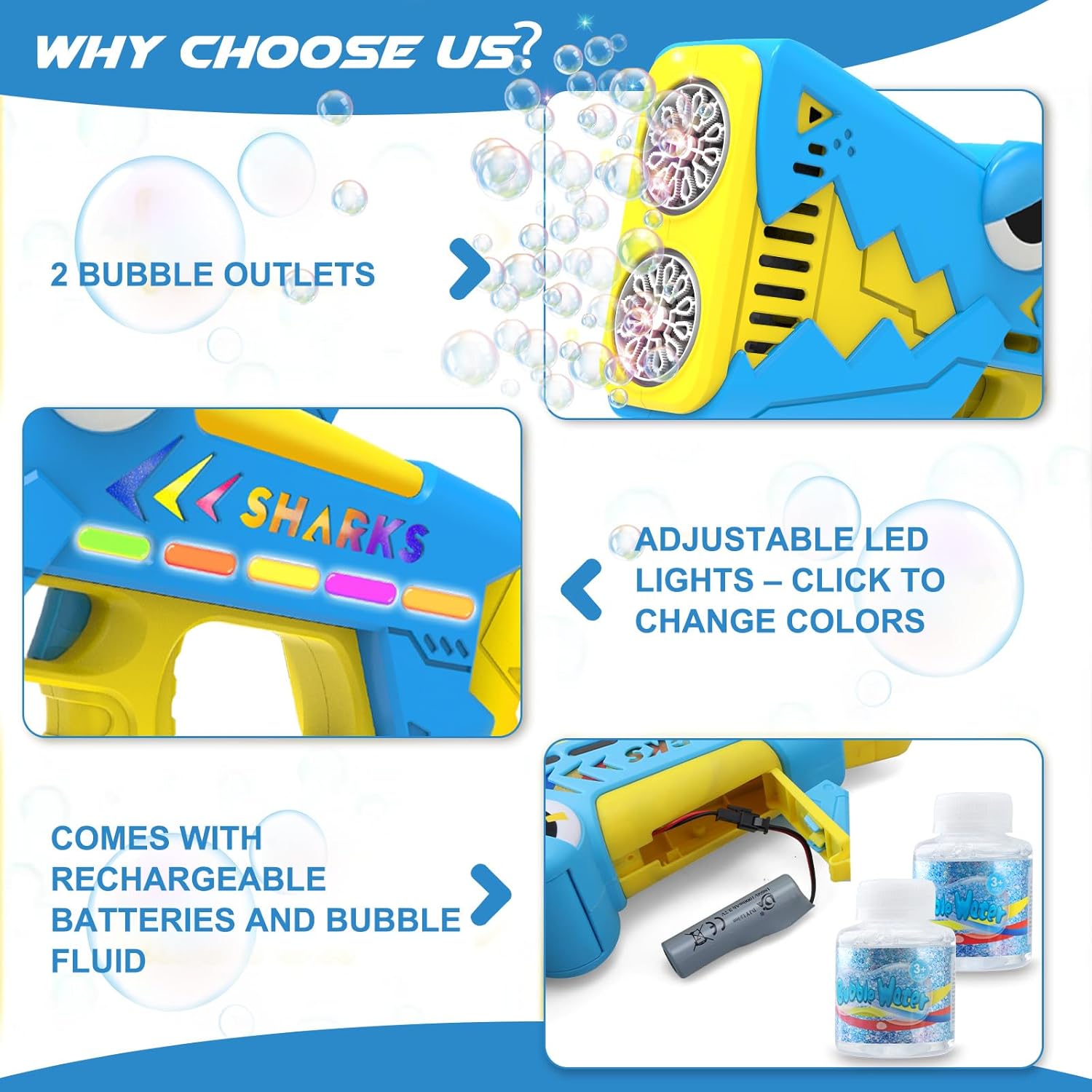 Bubble Gun for Kids Ages 4-8: Shark Light Up Bubble Machine for Toddlers, Rechargeable, 2 Bubble Solution, Outdoor Toy Party Birthday Gift for 3 4 5 6 7 8 Year Old - Image 4