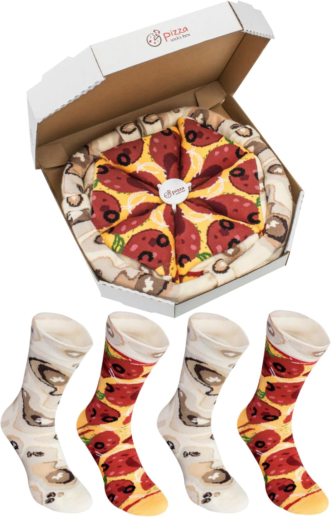Rainbow Socks - Pizza Box Socks - Pepperoni 4 pairs Cotton Socks - Made In Europe Unisex Funny Gift!